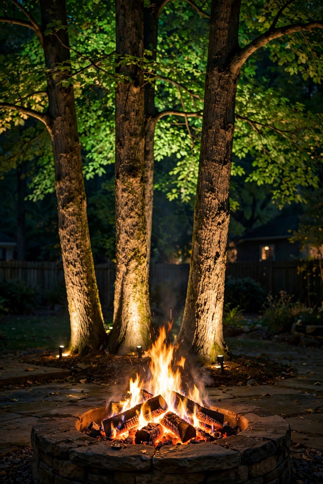 LED uplights washing tree trunks and canopy with warm light behind a fire pit