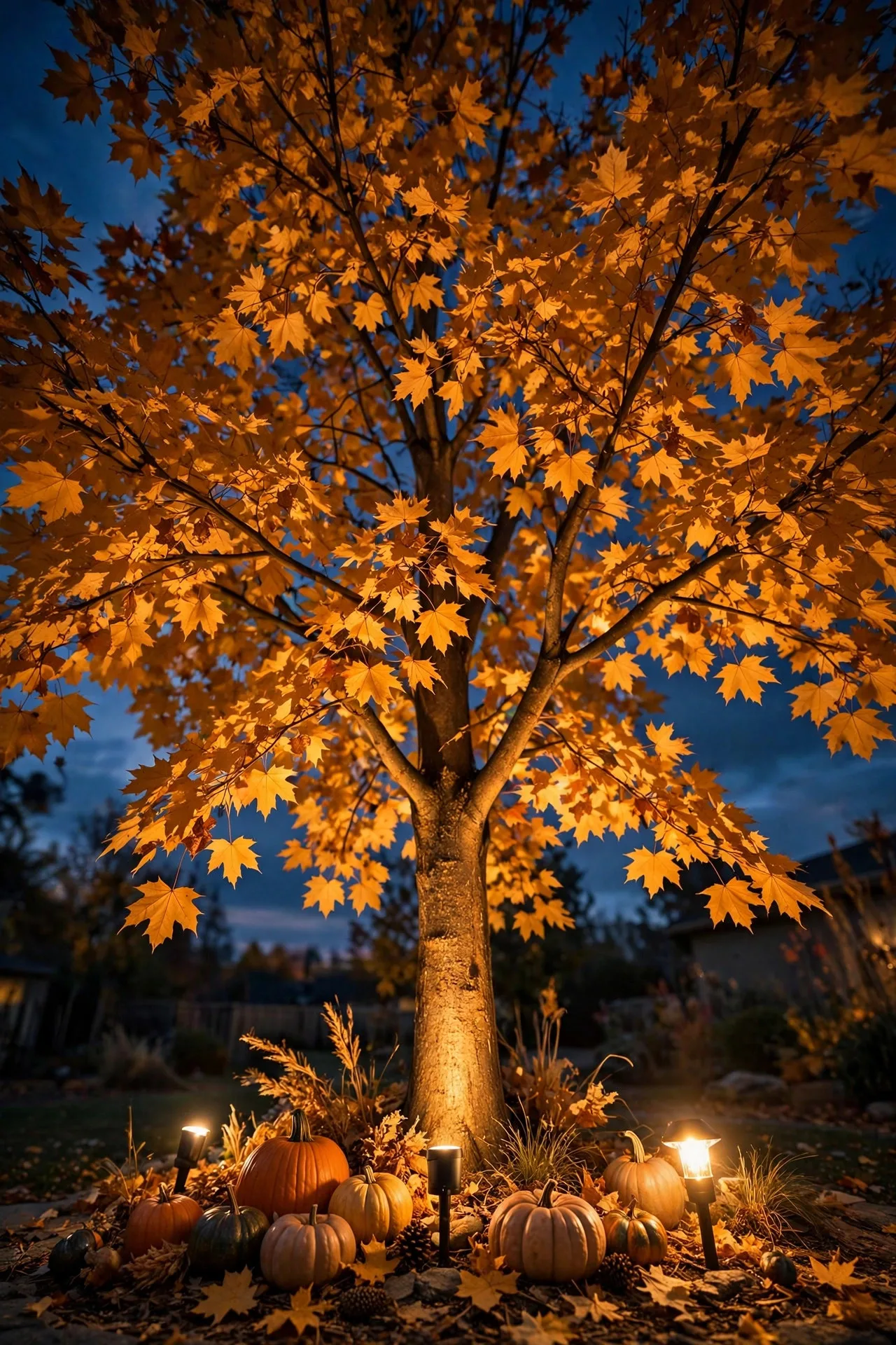 Warm LED uplights washing tree canopies with golden thanksgiving outdoor lighting