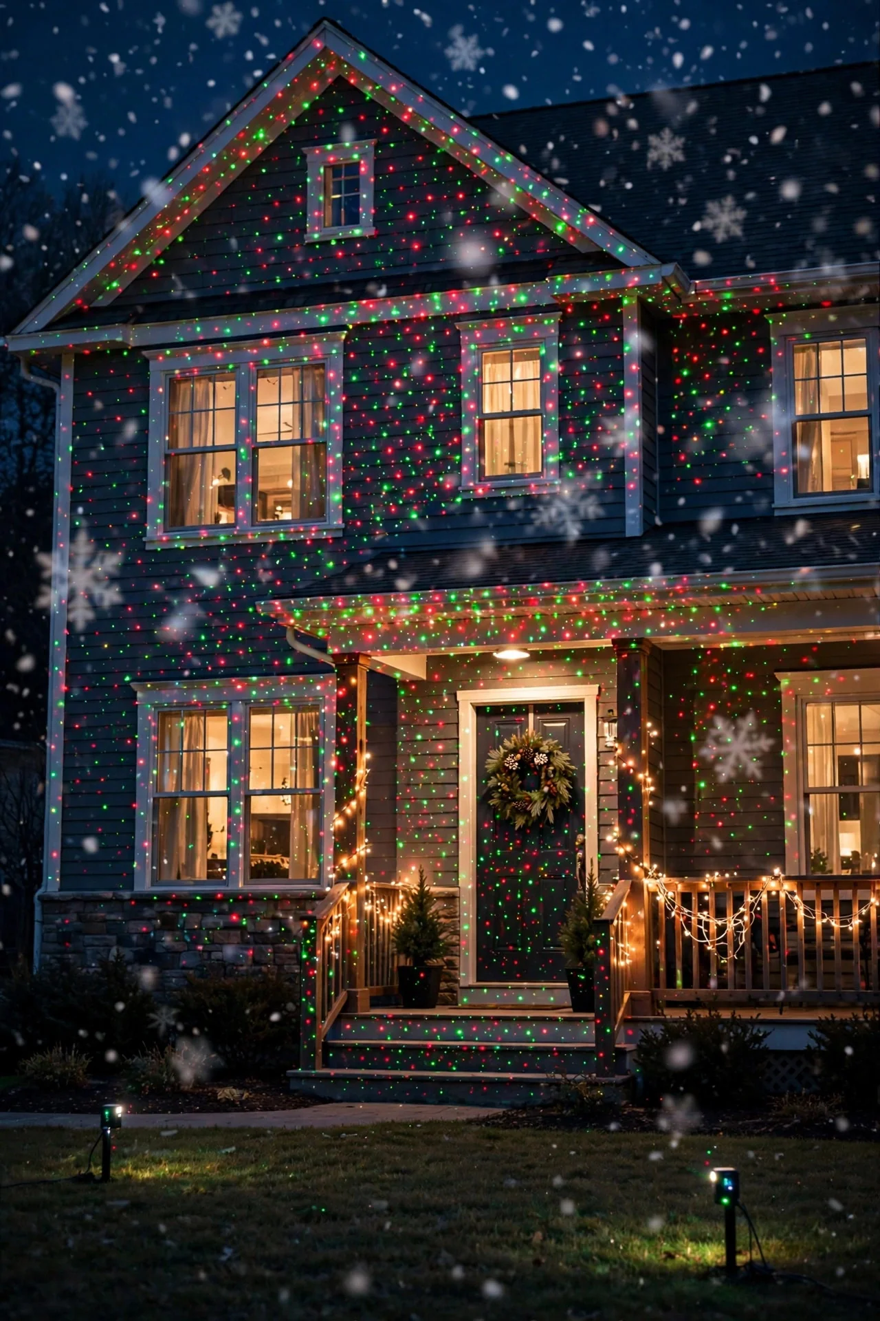Two layered projectors combining laser dots and snowfall over a festive home front