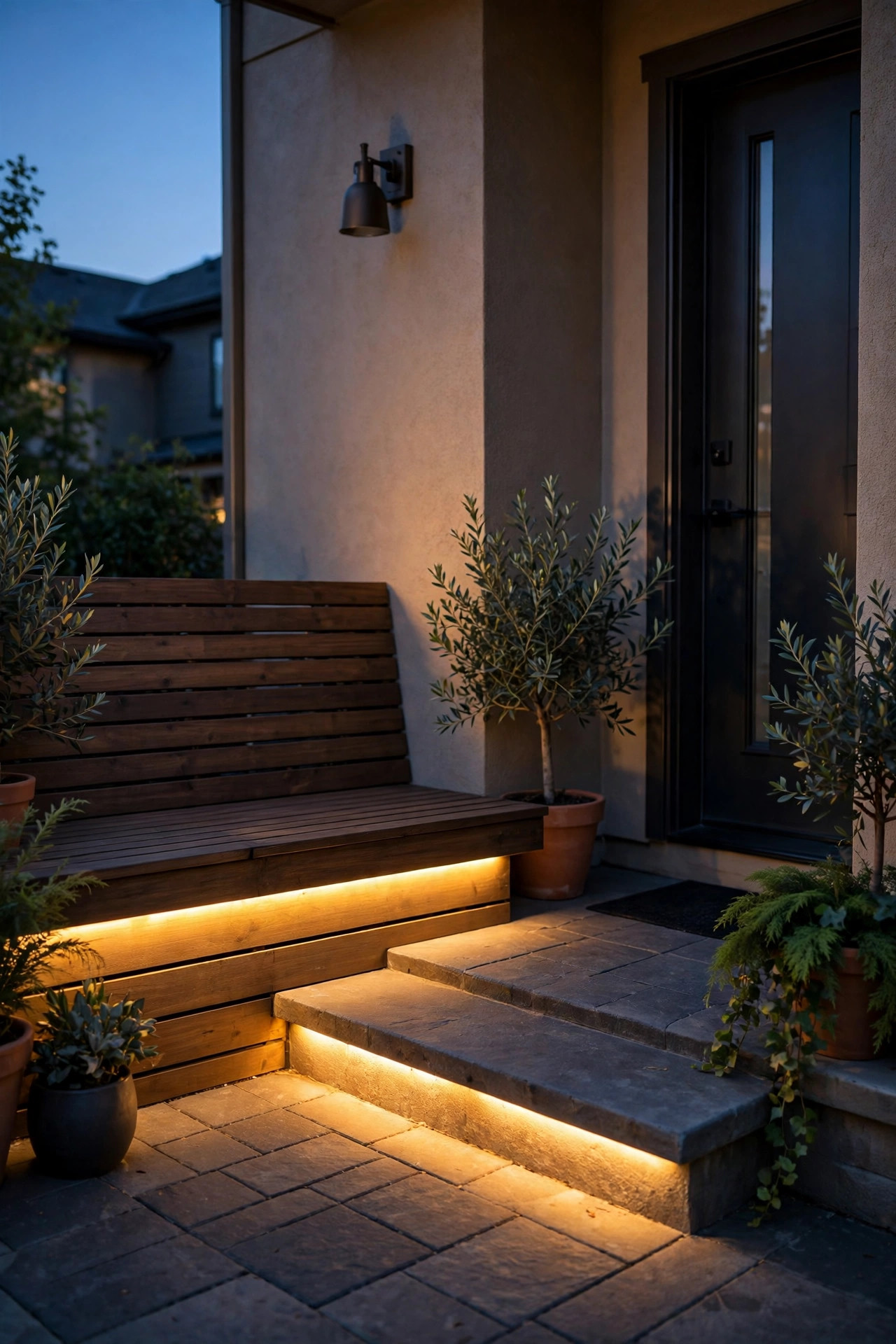 Warm LED strip light glowing from beneath a built-in patio bench and step on a small townhome patio