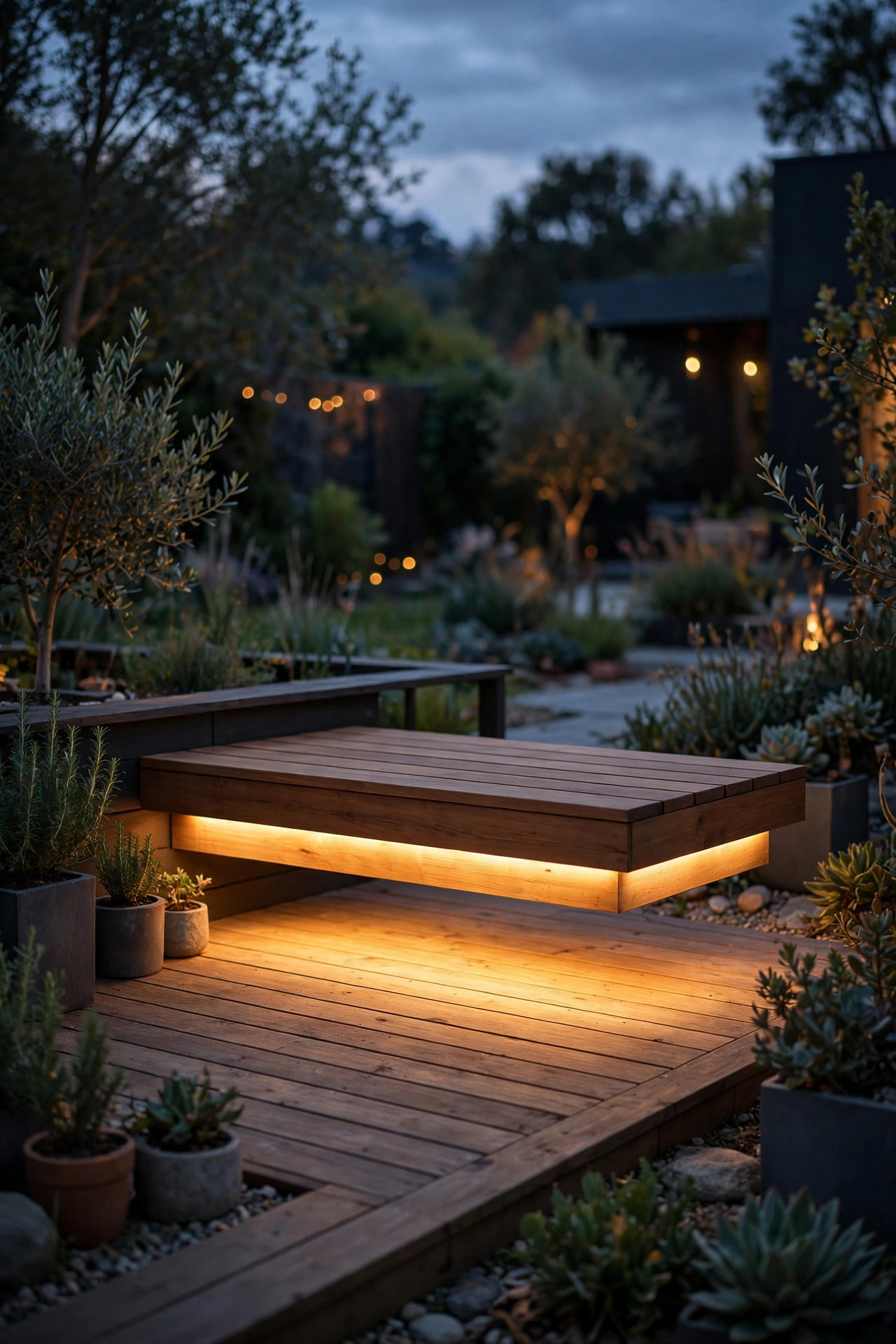 Warm light glowing from beneath a built-in deck bench, making it appear to float