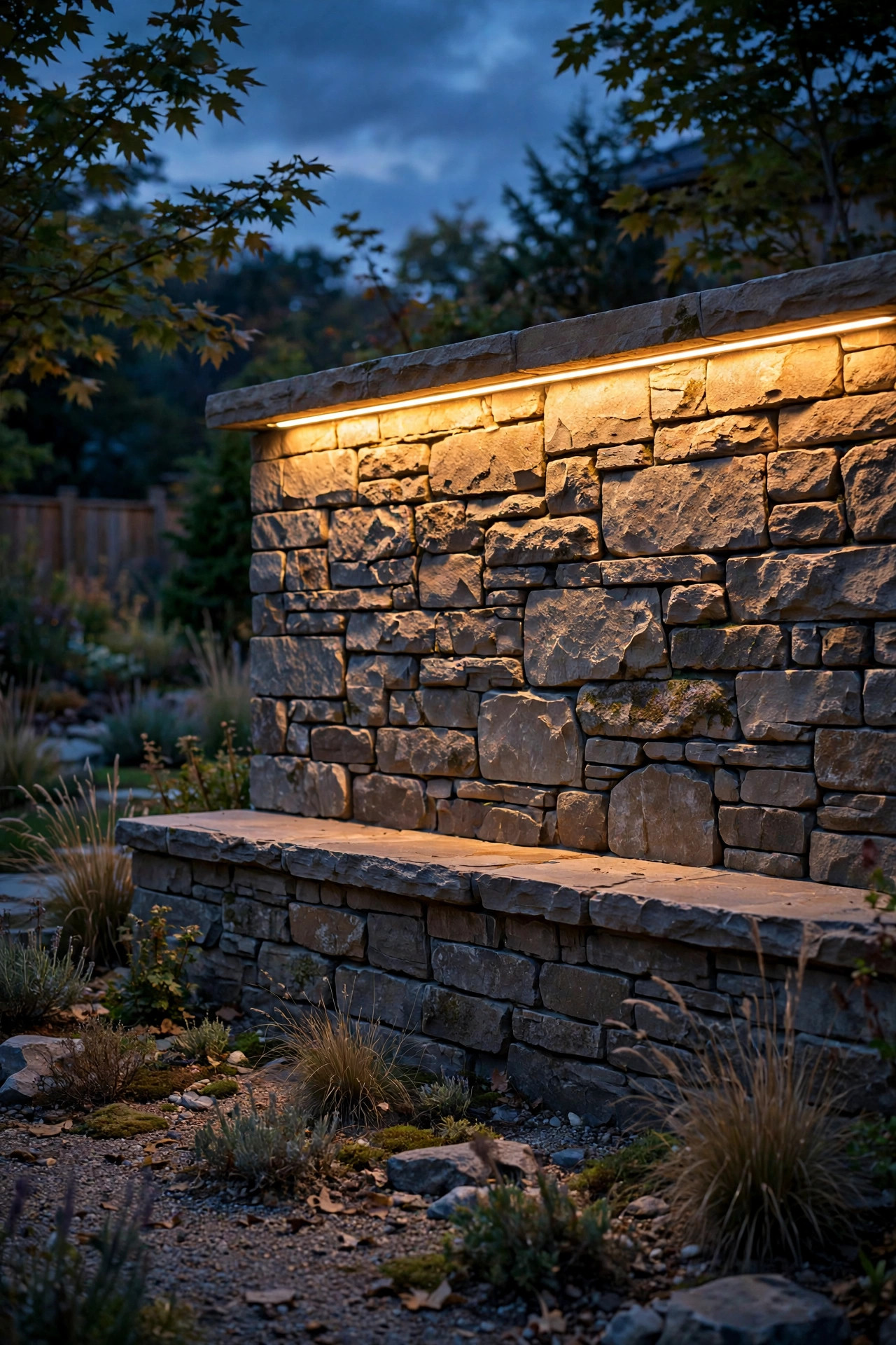 Stone seat wall at dusk with a hidden linear LED bar under the capstone washing soft warm light down the wall face