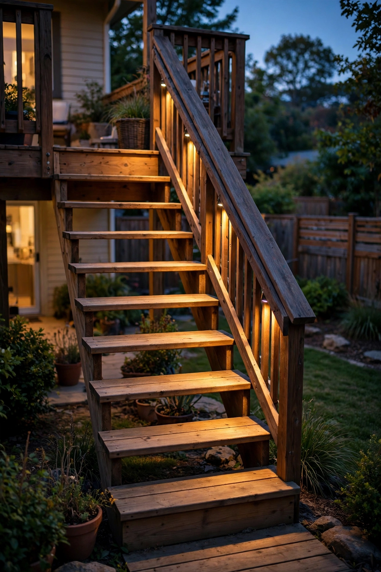 Hidden downlights under a deck stair handrail washing steps in light