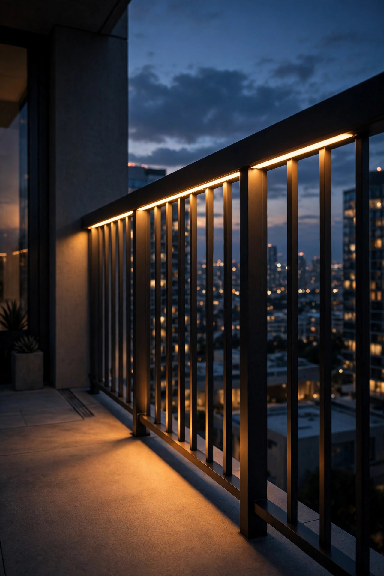 Warm LED strip light hidden under a high-rise balcony handrail washing the floor and balusters with soft indirect light at dusk