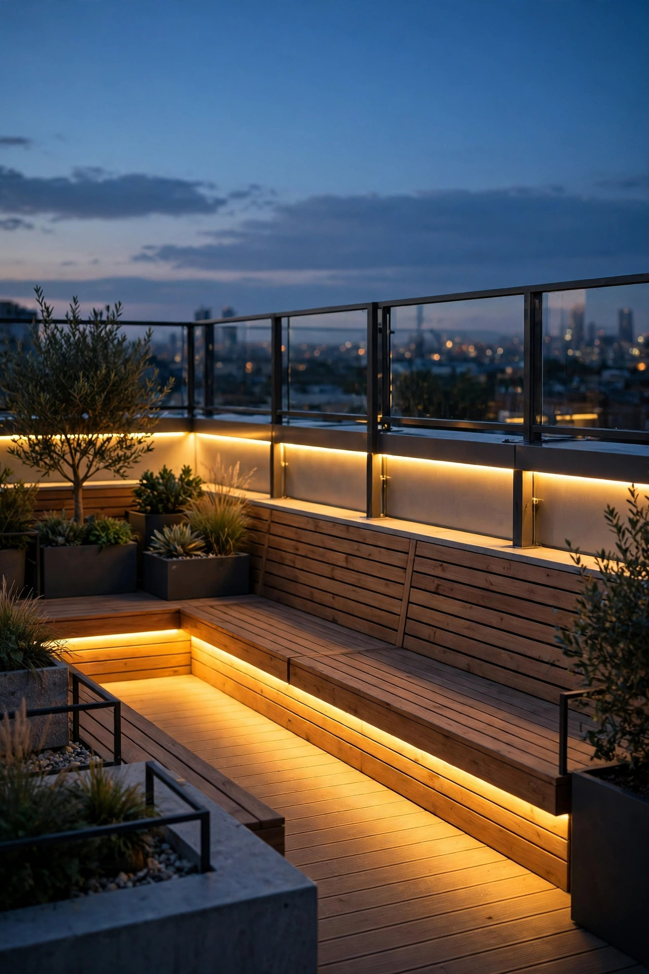 Hidden LED strip lights glowing beneath a rooftop railing and bench seats at dusk, washing the deck in soft warm light