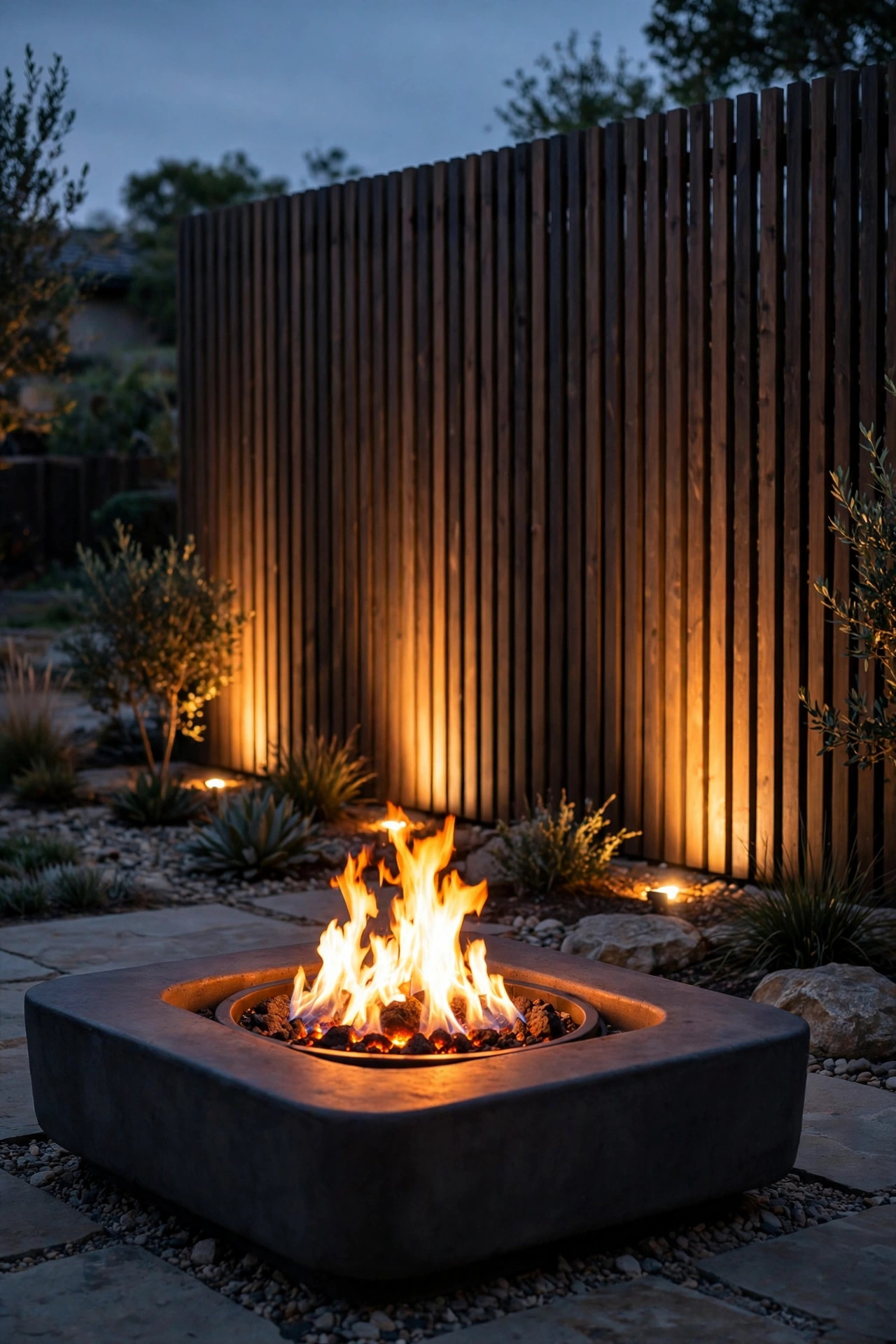 Uplights washing a modern fence wall behind a glowing gas fire pit