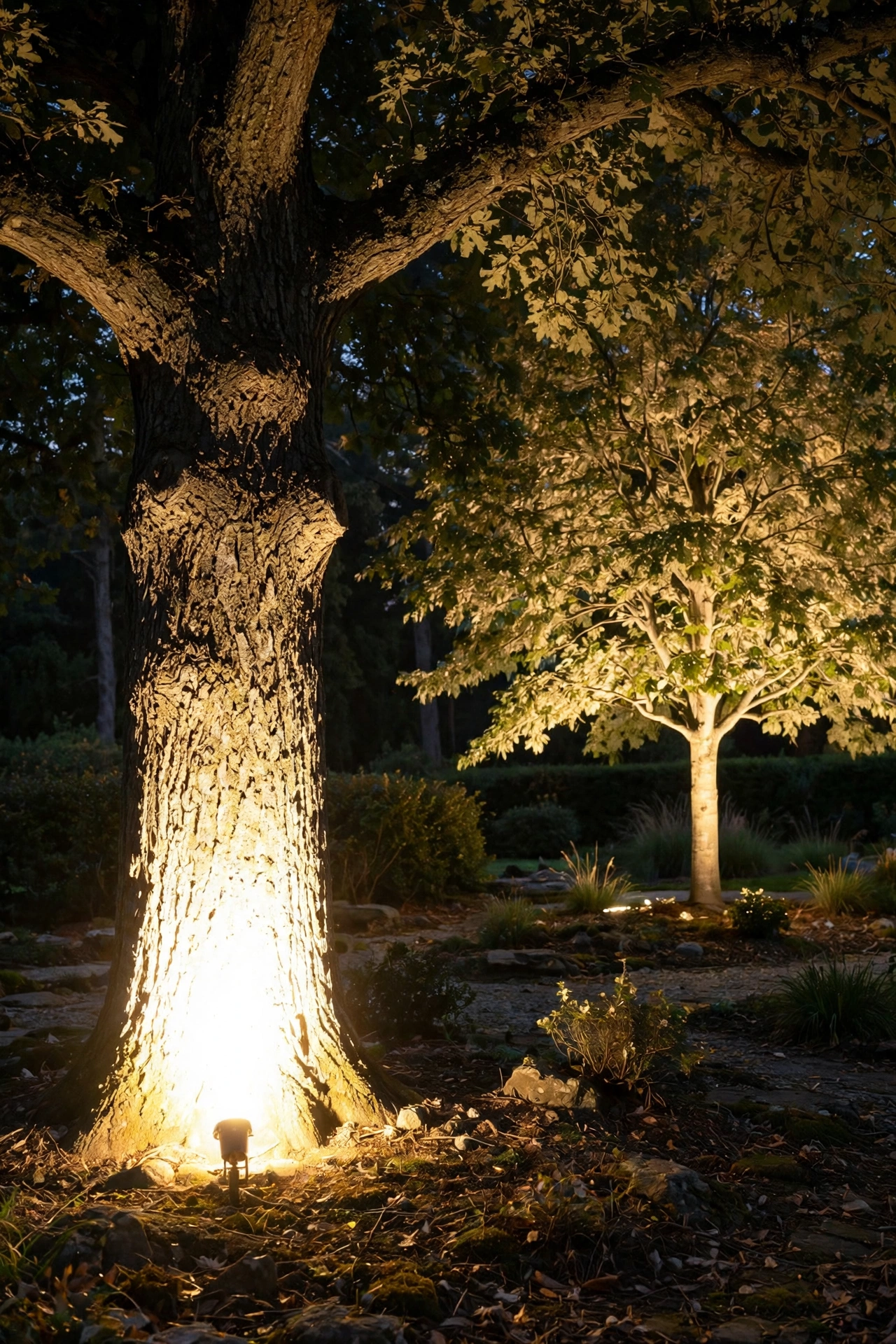 Tree with harsh bright hotspot at its base from a poorly placed uplight compared to a softly washed canopy from a correctly positioned fixture