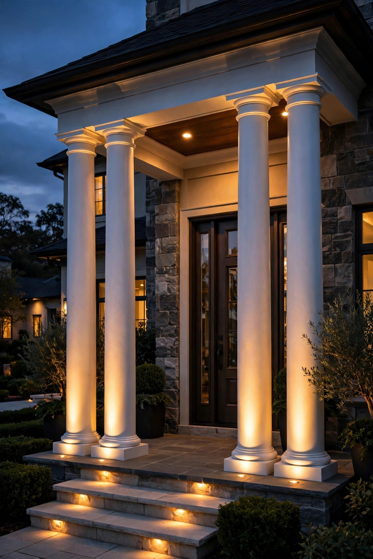 White porch columns uplighted from the base on a luxury home entry at dusk with warm golden light