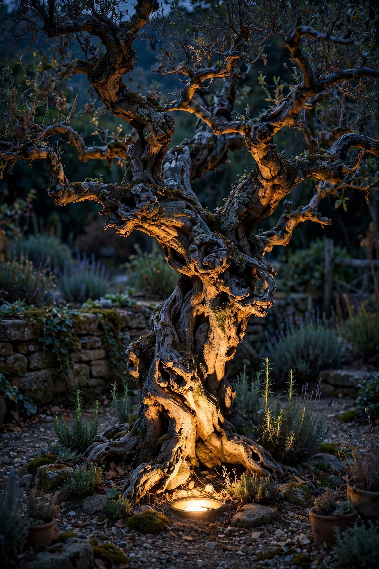 Old gnarled tree uplit with warm light from a low well fixture in a rustic garden at night