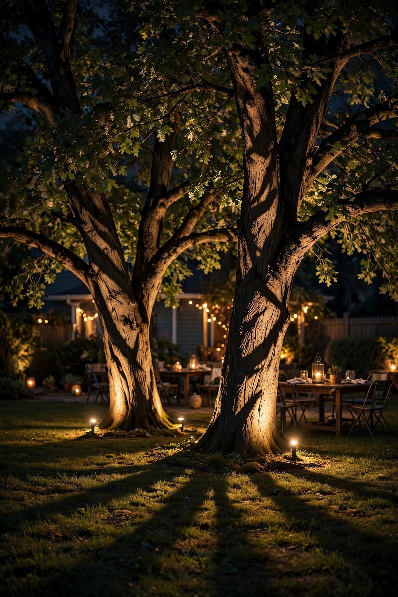 Trees uplighted with warm spotlights creating dramatic shadows at a backyard night party