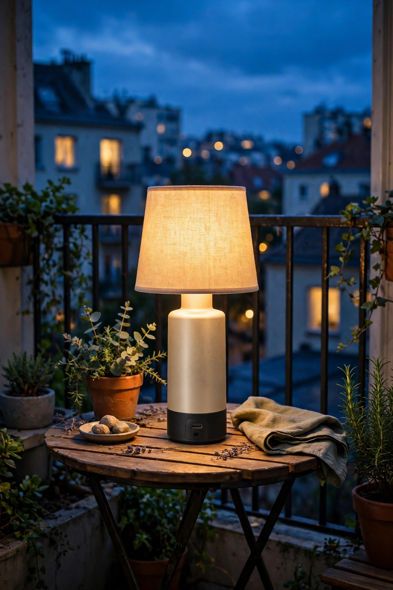 Cordless USB rechargeable table lamp glowing warmly on a small apartment balcony bistro table at dusk