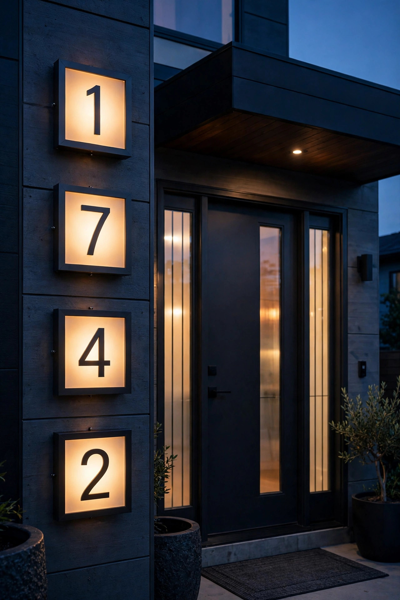 Vertically stacked backlit house numbers glowing in a column beside a modern front door