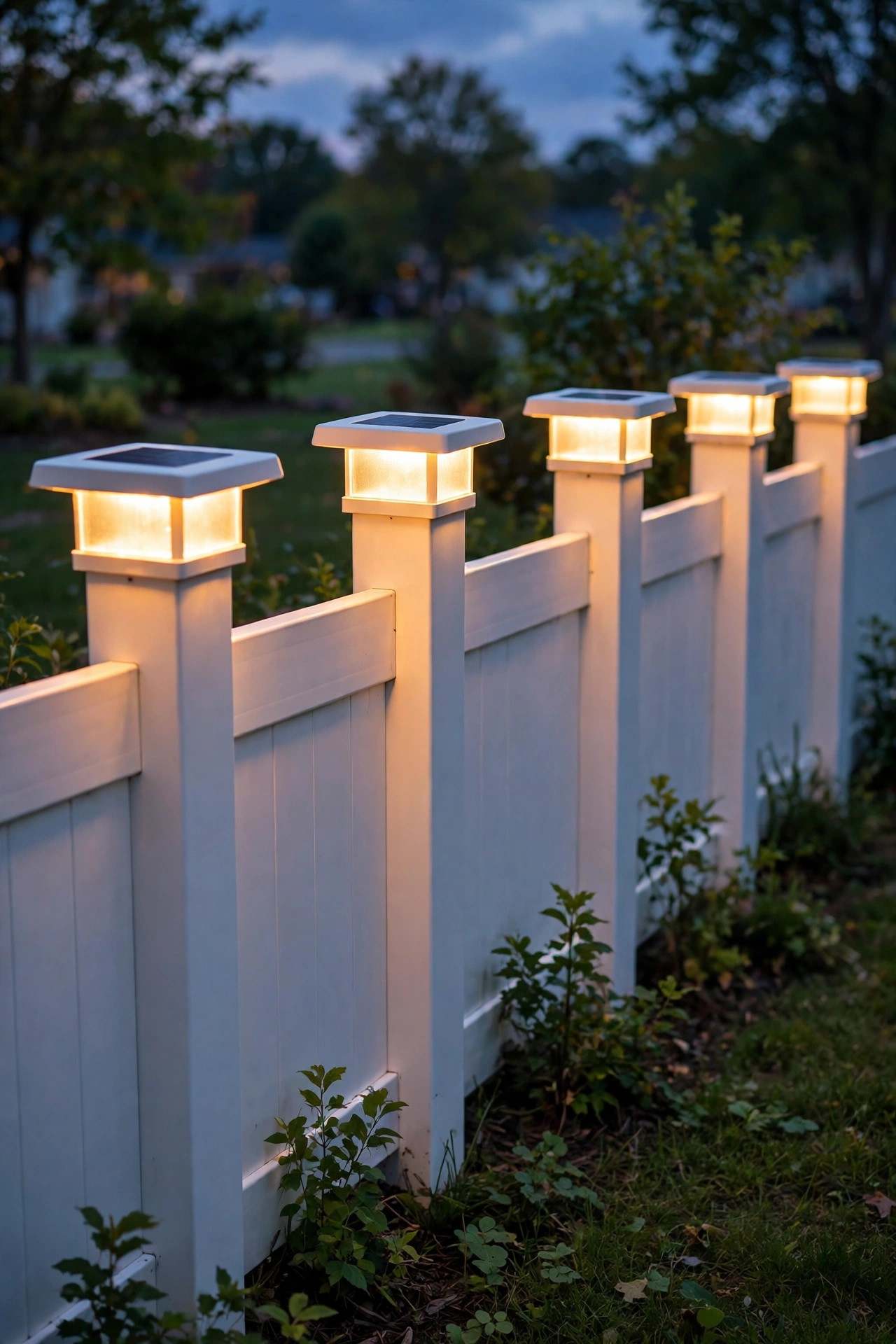 Square solar cap lights on white vinyl fence posts glowing at dusk