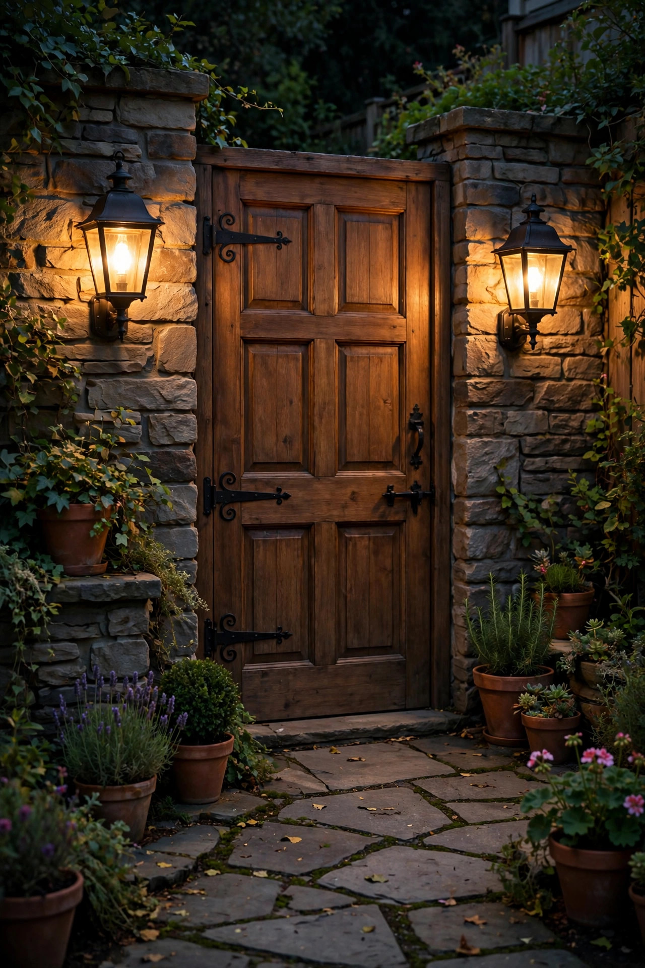 Pair of glowing wall lanterns flanking a courtyard door at night