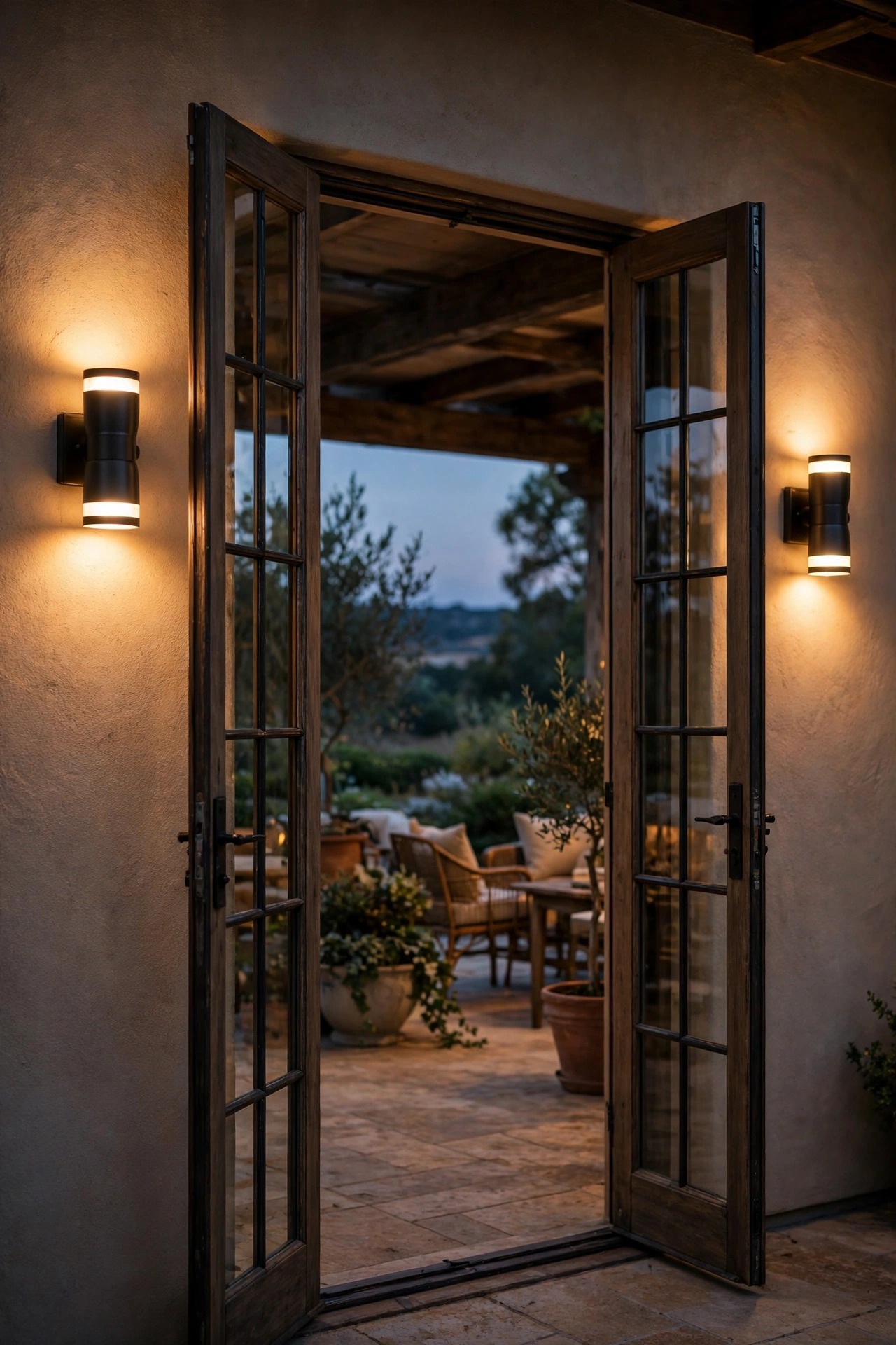 Pair of up-down wall sconces glowing beside French doors opening onto a covered patio