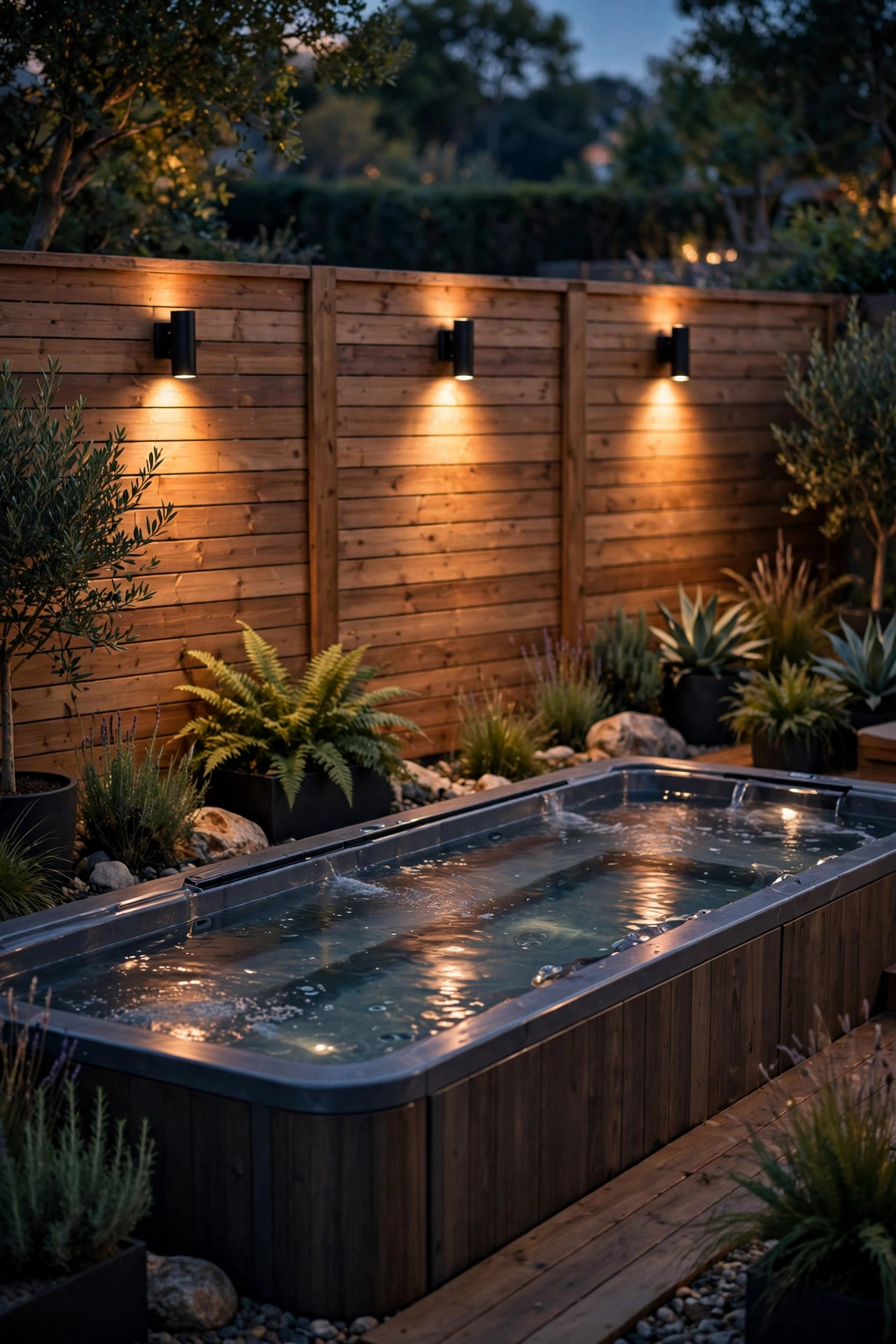 Warm wall sconces washing a wooden fence behind a swim spa with soft downward light