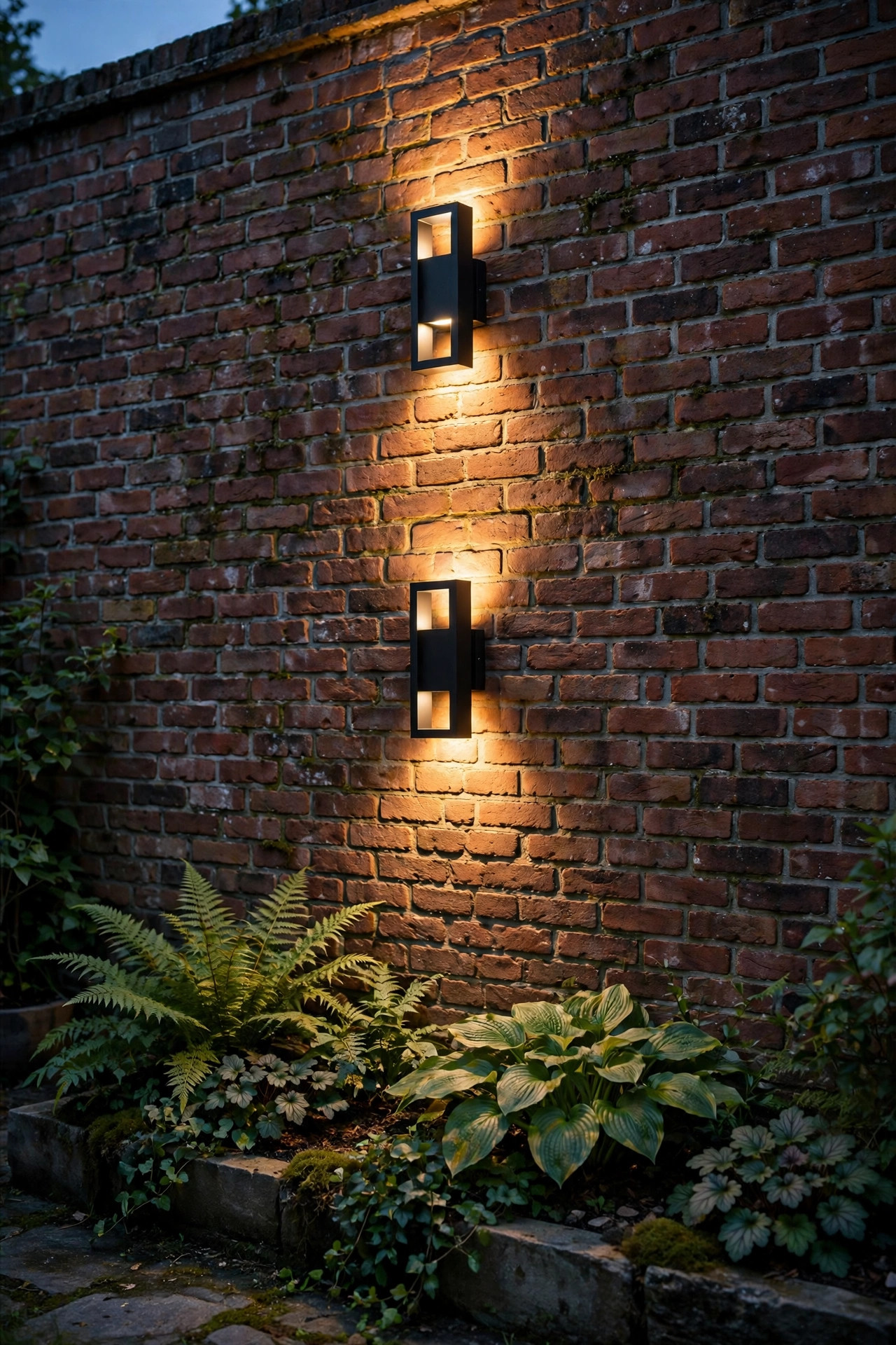 Up-down wall sconces washing a brick courtyard wall with warm light above shade plantings
