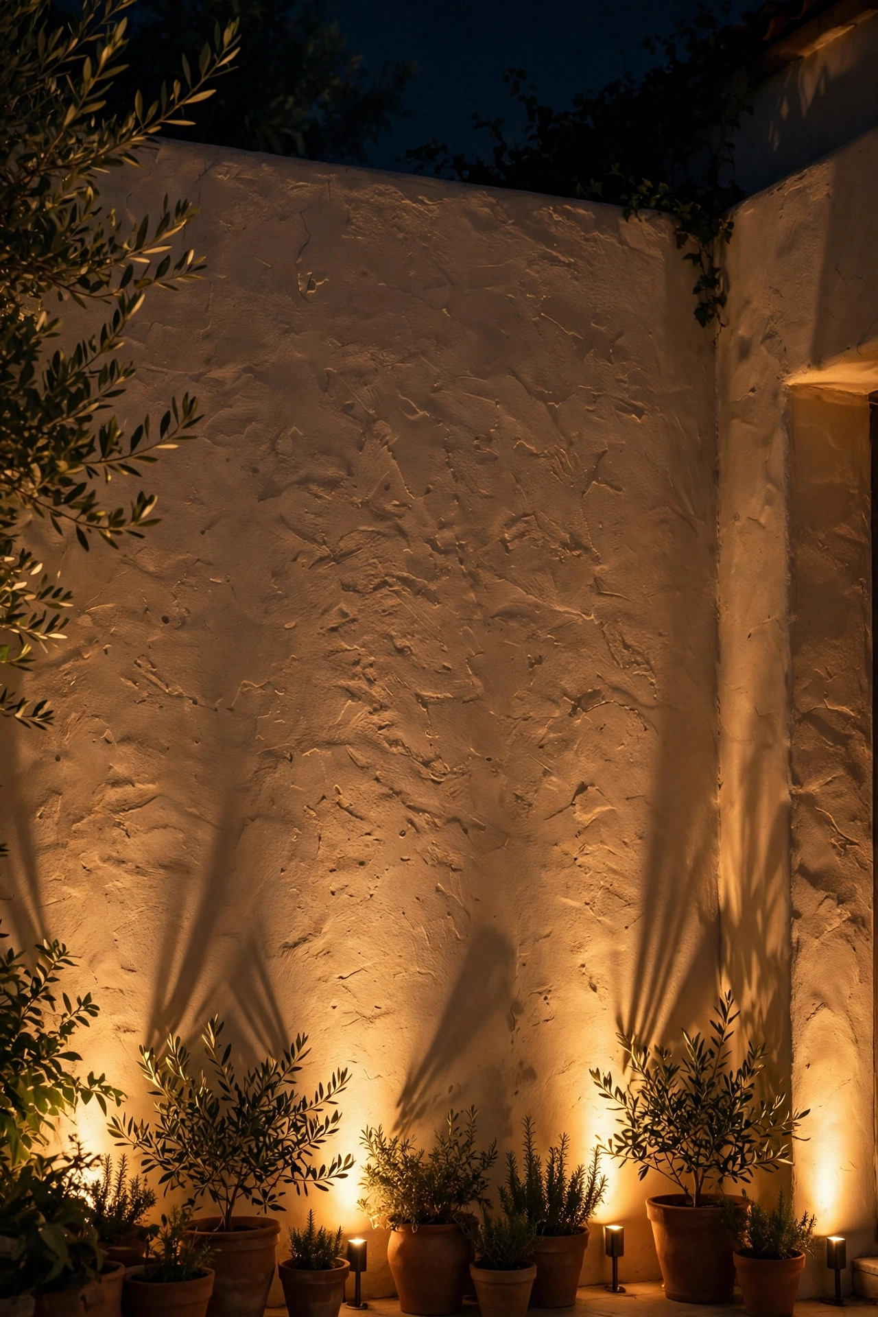 Warm uplights grazing a textured stucco courtyard wall at night with soft shadows