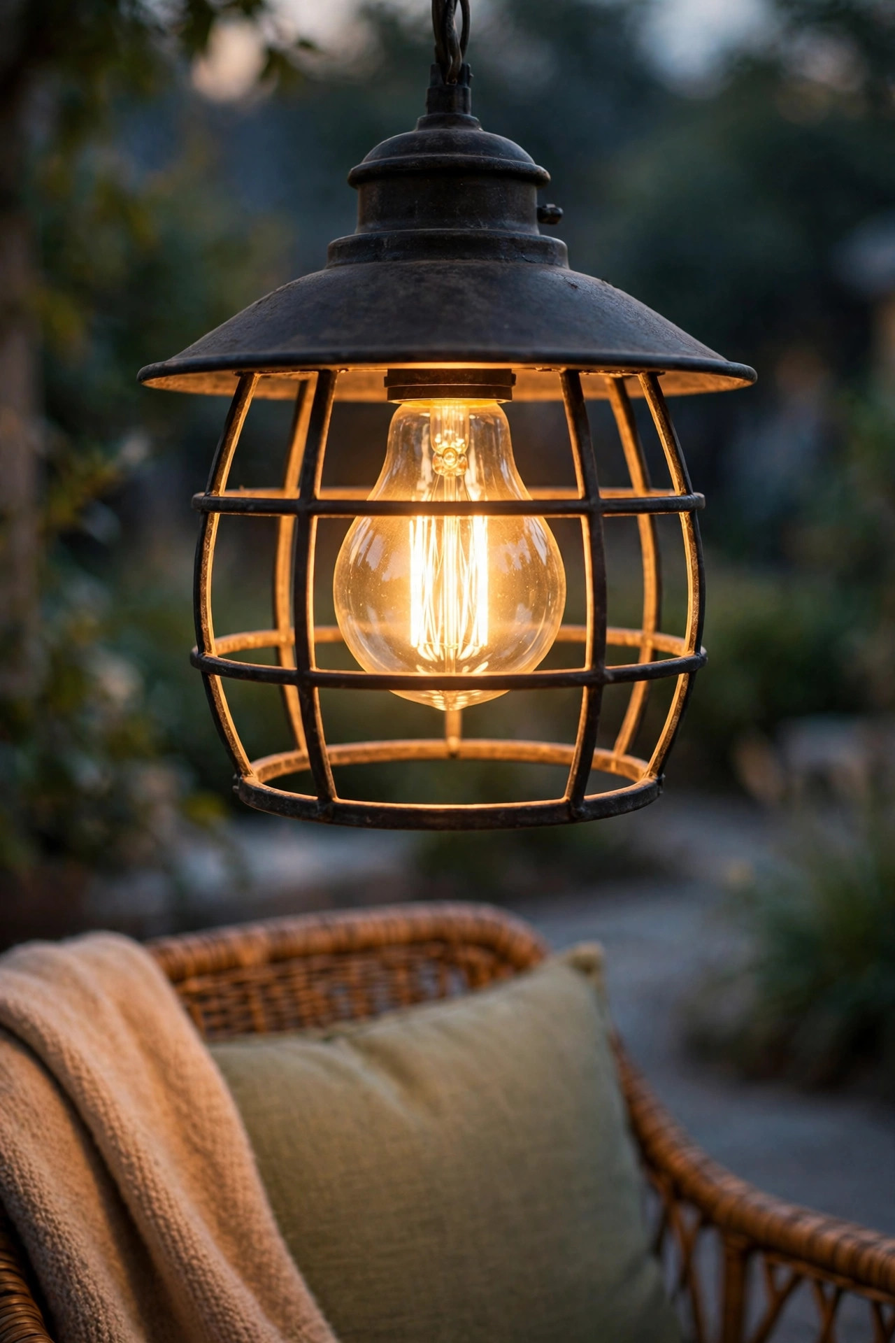 Close view of a warm 2700K bulb glowing golden inside a shaded outdoor fixture above a reading chair