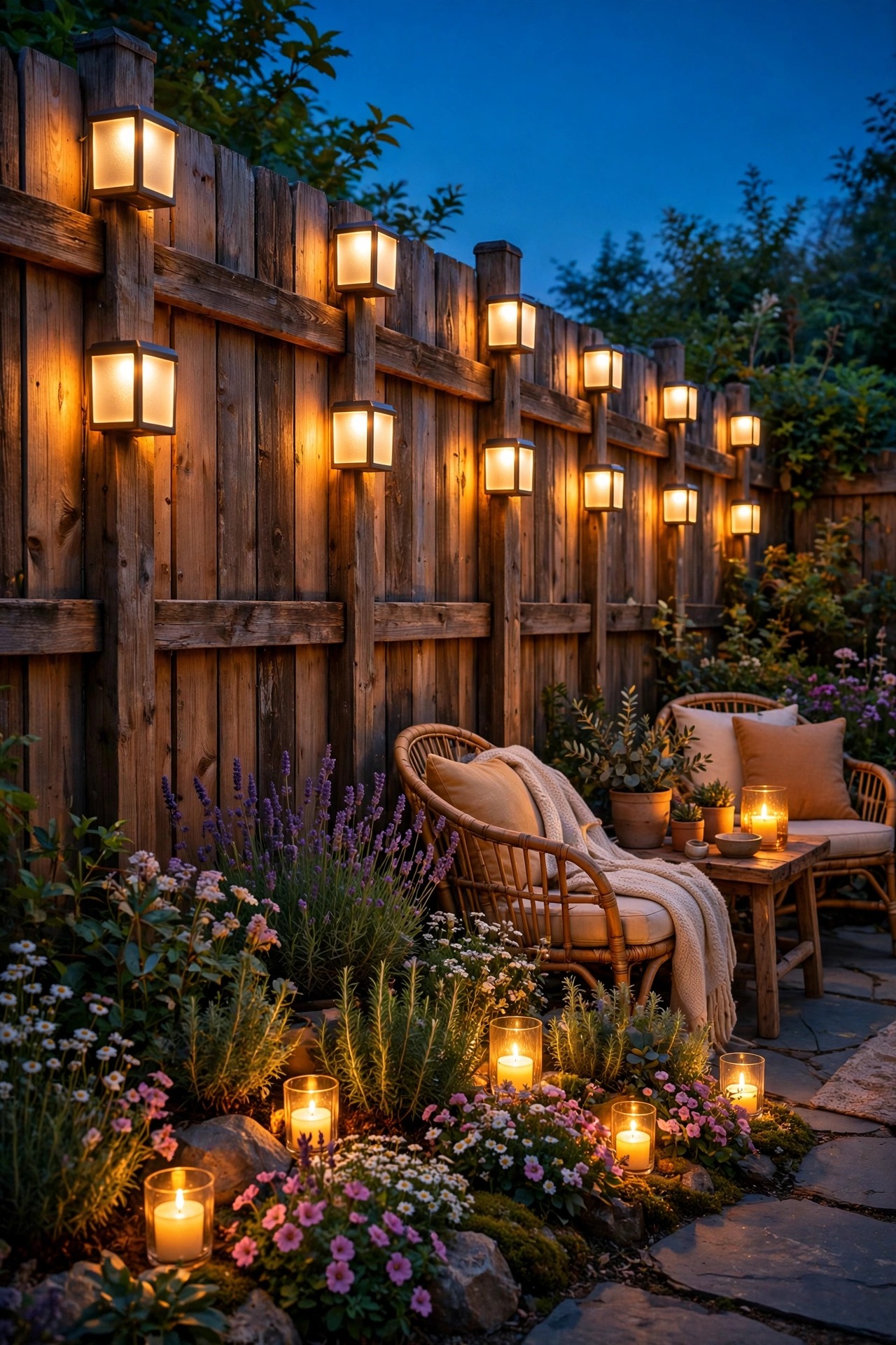 Photorealistic warm dusk view of amber decorative solar fence lights with frosted lenses glowing along a fence behind a cozy patio seating area, candle-like golden light over flower beds