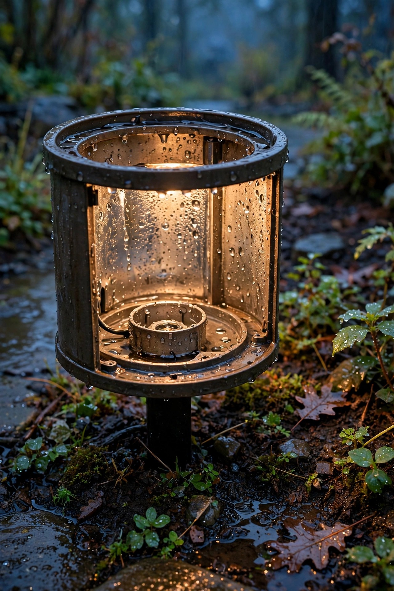 Landscape path light with its lens removed showing moisture and droplets inside the fixture beside a wet garden bed after rain