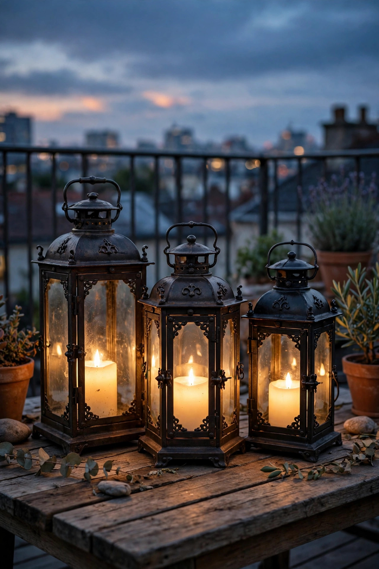Group of three heavy metal lanterns with warm LED candles glowing on a rooftop deck table at dusk