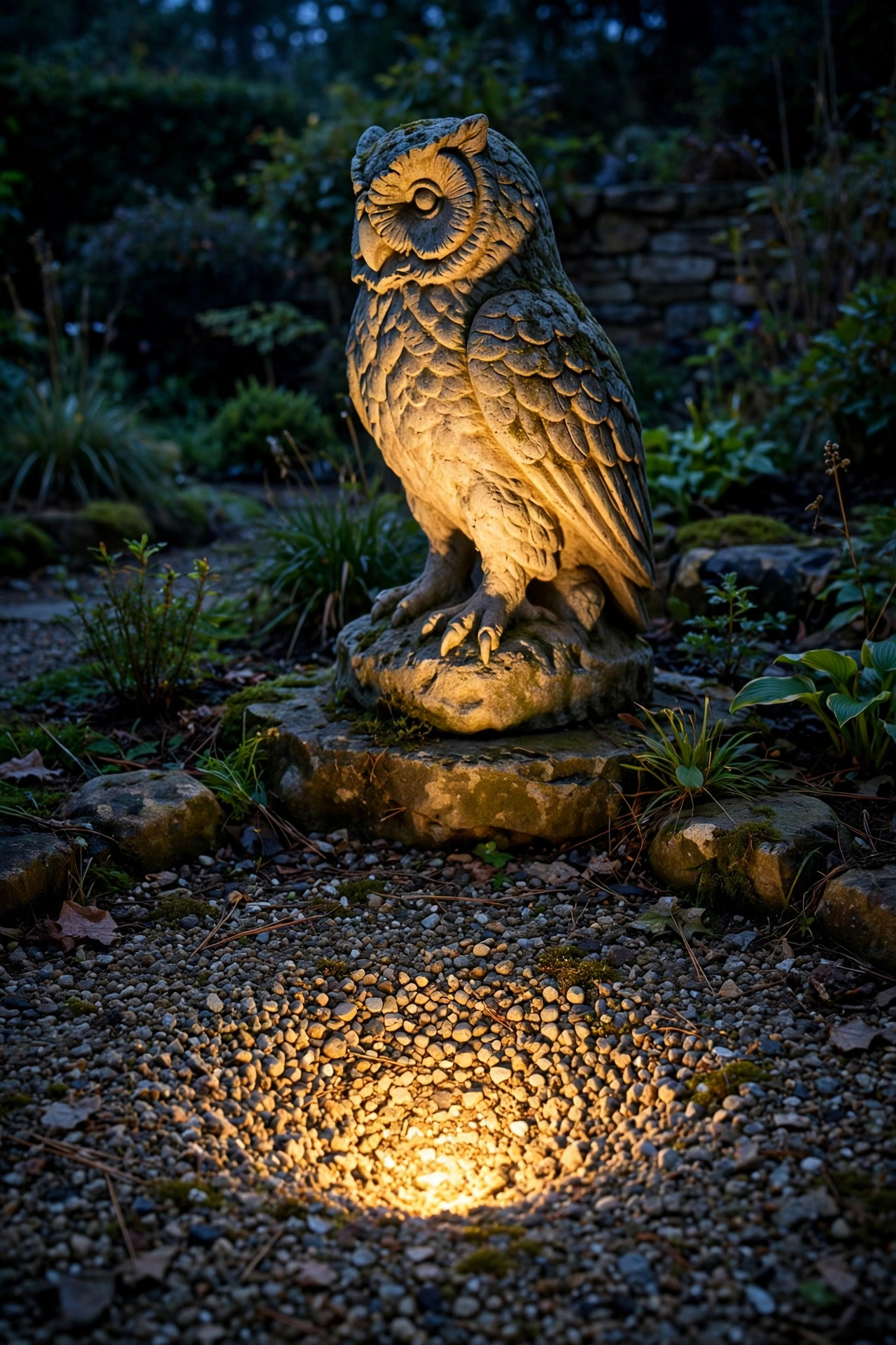 In-ground well light flush with gravel uplighting a garden sculpture at night, no visible fixture hardware
