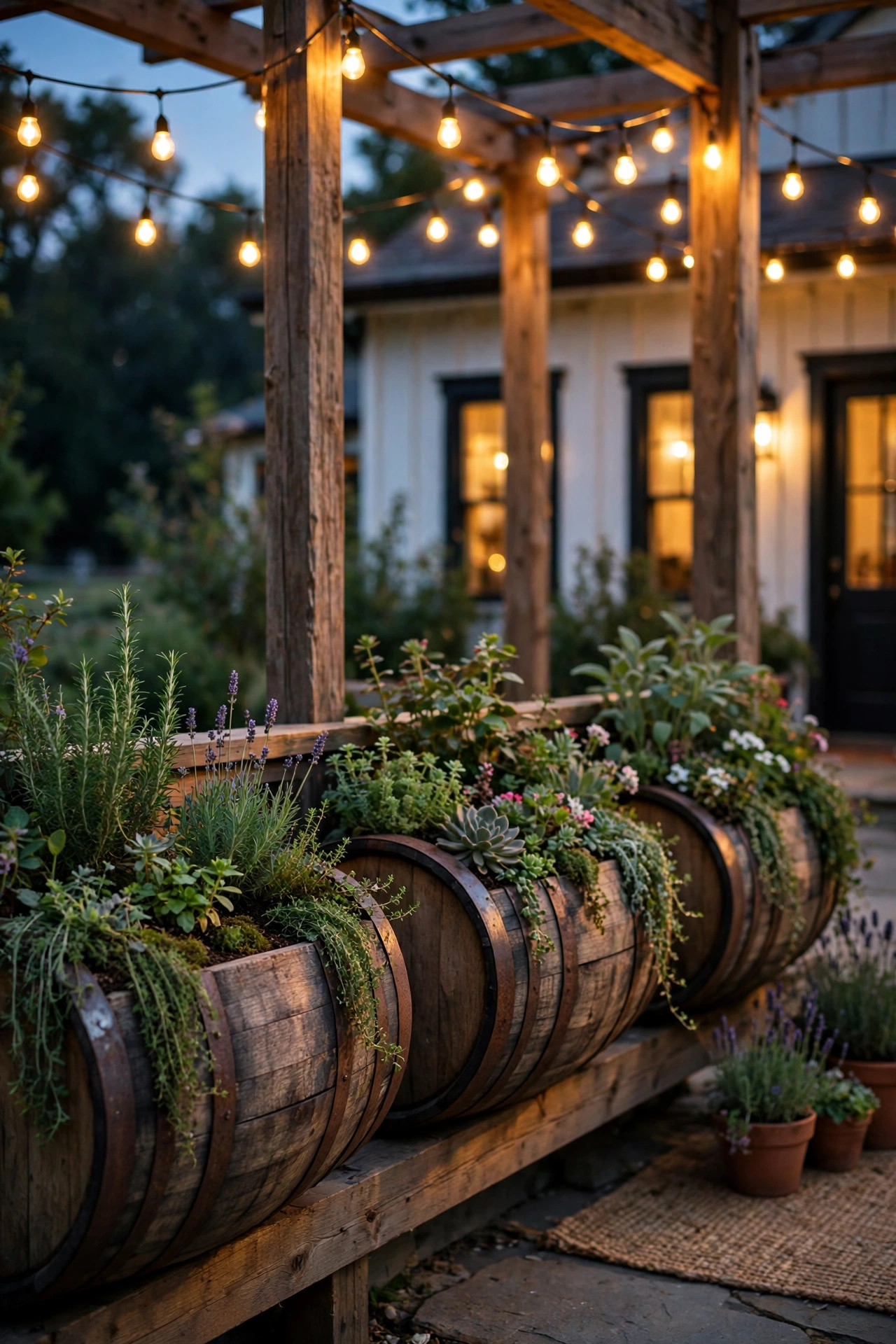 Half whiskey barrel planters with wooden posts and string lights glowing over a farmhouse-style patio at dusk