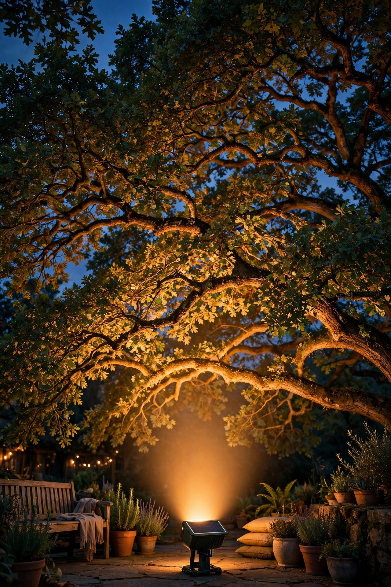 Huge spreading oak canopy washed from below by a wide-beam solar flood spotlight, glowing underside of branches over a patio