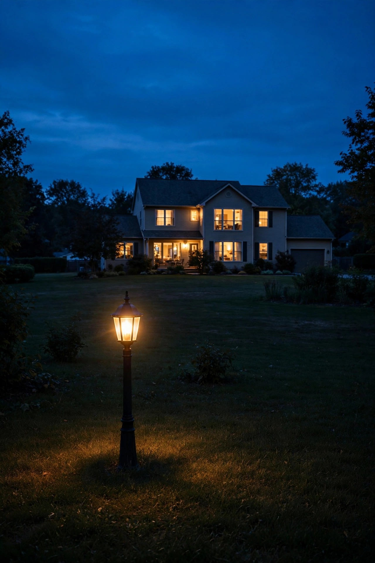 Dusk view of a front yard with a lamp post light far from the house, illustrating weak Wi-Fi signal at distant outdoor fixtures