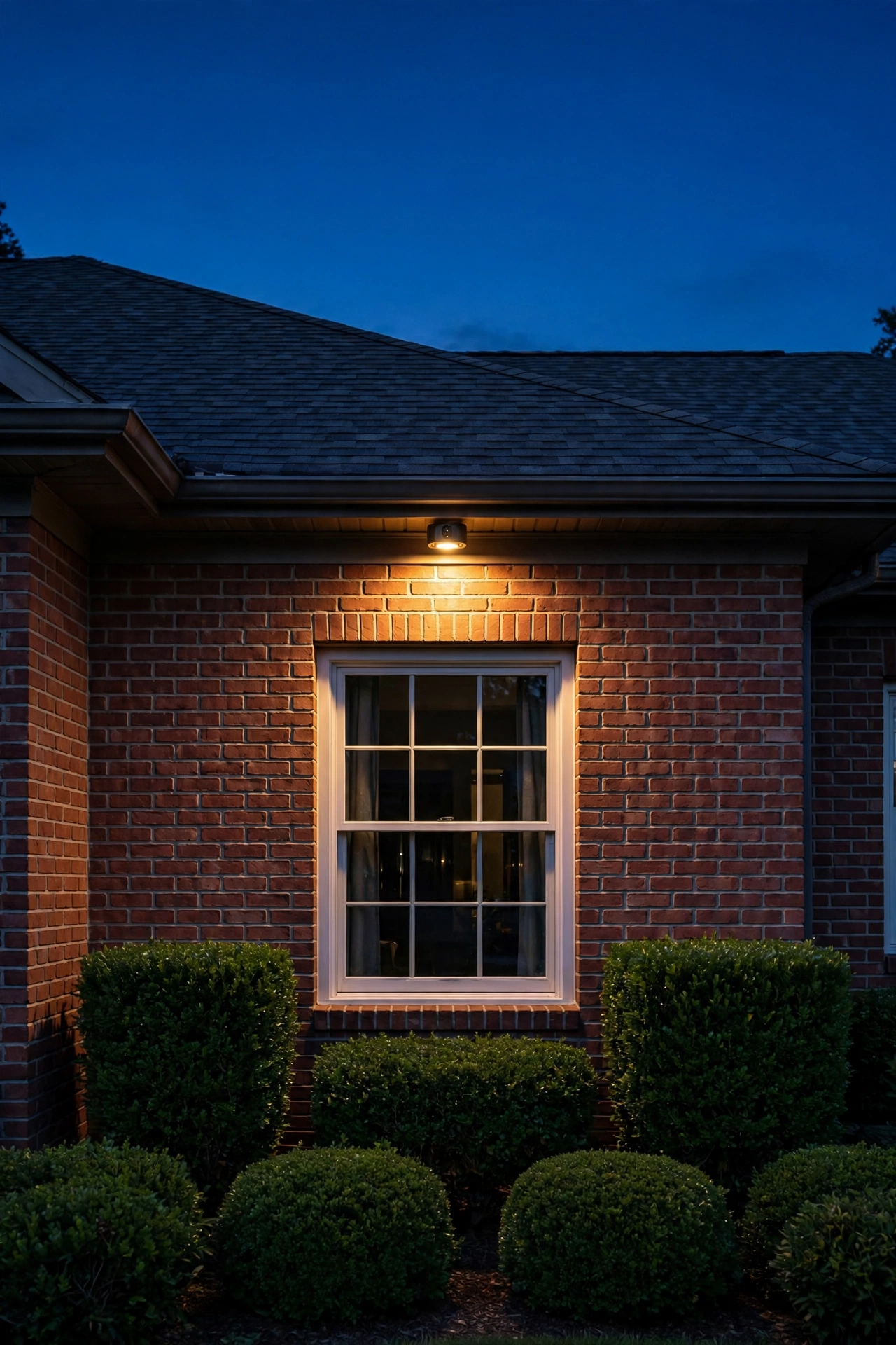 Ground-floor window at night with a small motion light mounted above, bushes trimmed below the sill