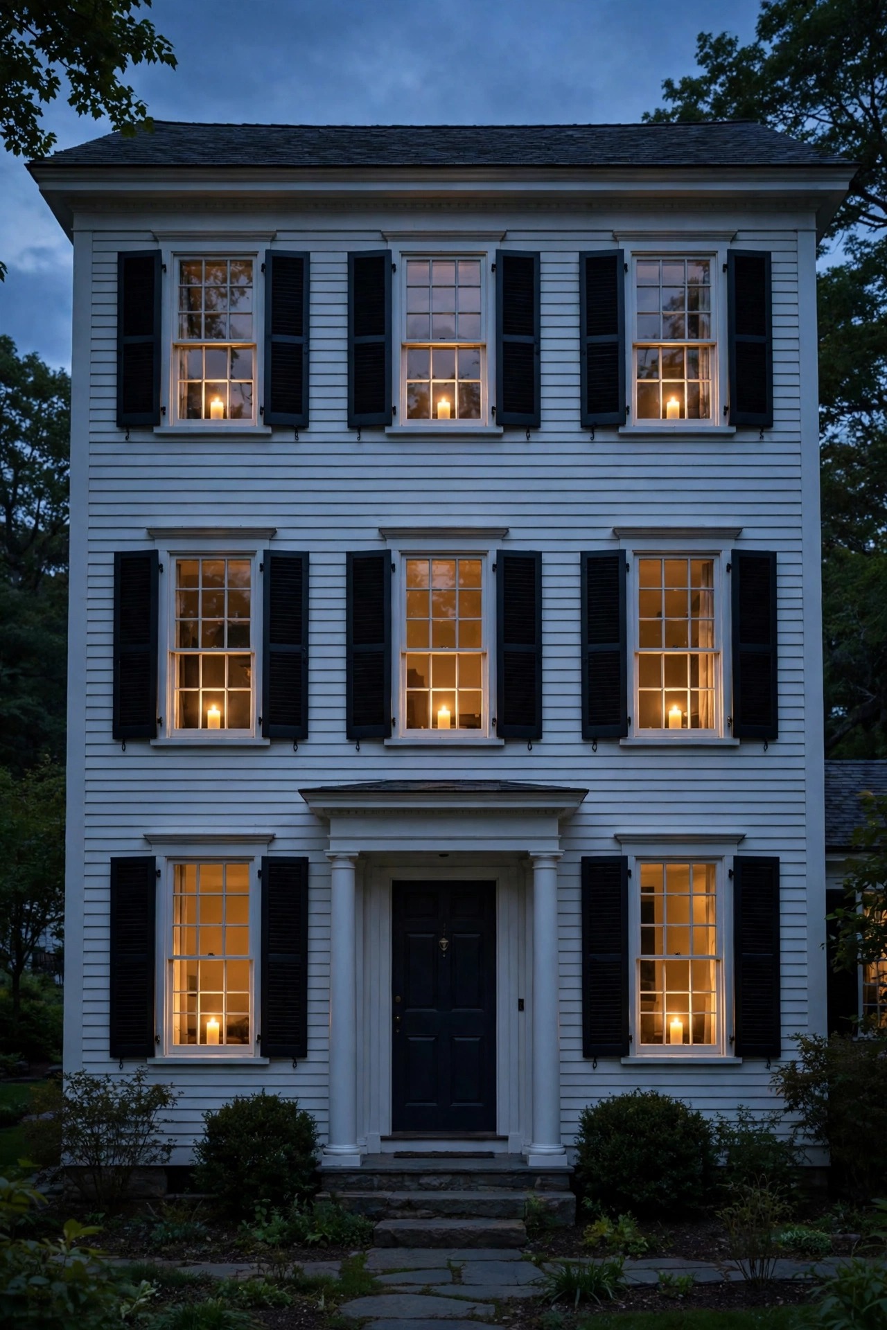 Colonial home facade at dusk with a single flameless candle glowing in the center of each front window