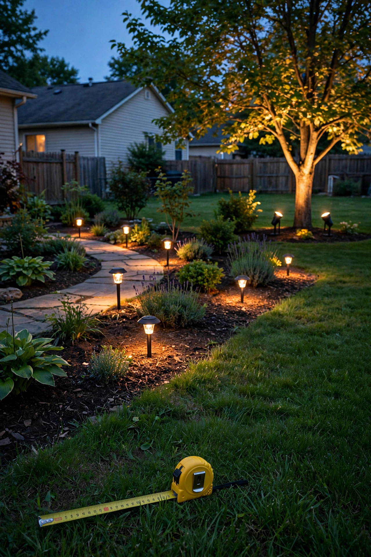 Suburban backyard at early dusk with path lights, spotlights and well lights glowing across beds and lawn, a tape measure resting on the grass