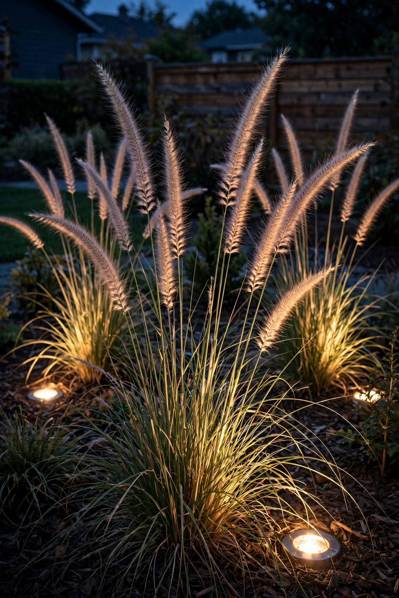In ground well lights landscape uplighting ornamental grass plumes, glowing warmly at night
