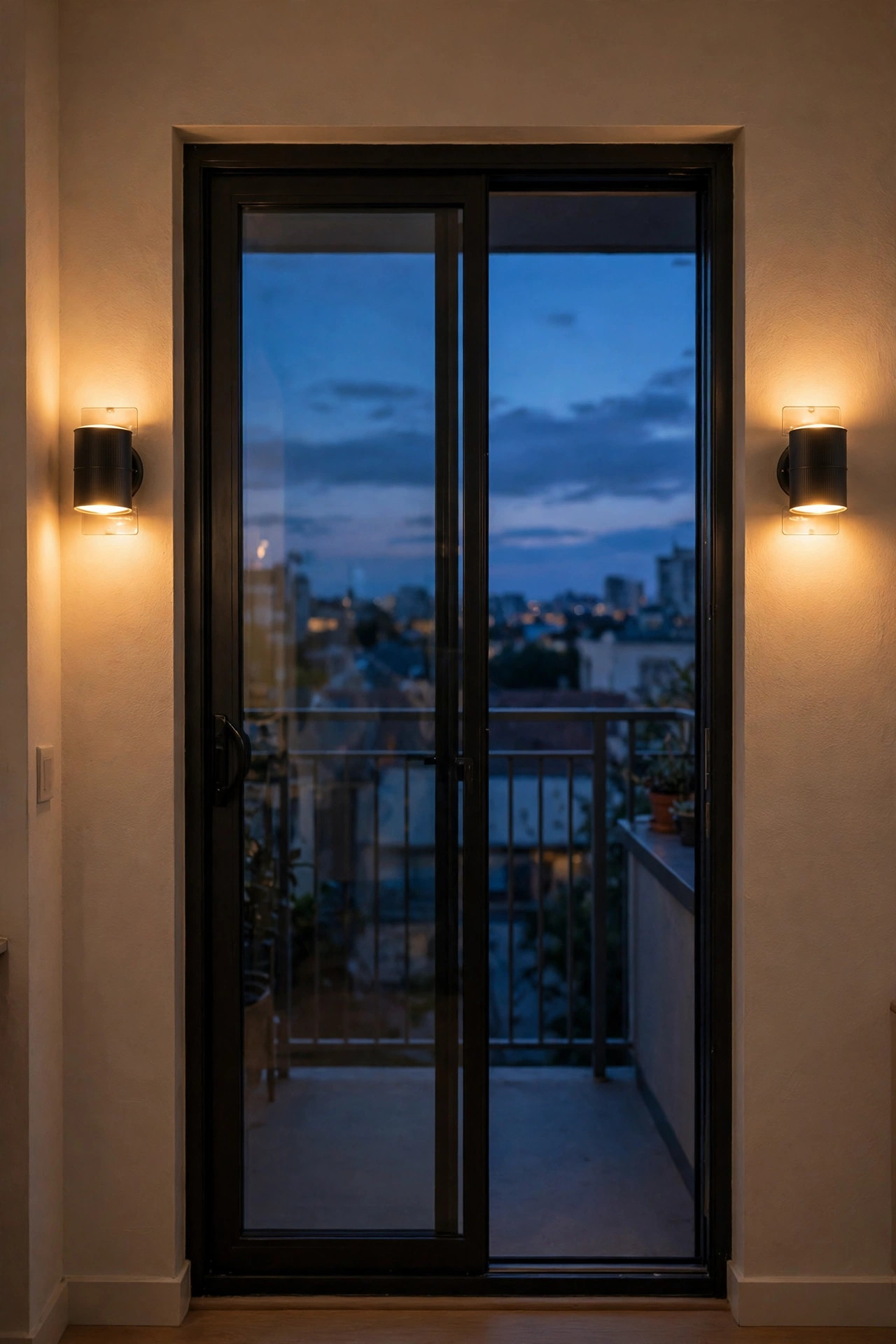 Battery operated wall sconces mounted with removable adhesive beside an apartment balcony door, warm glow at dusk