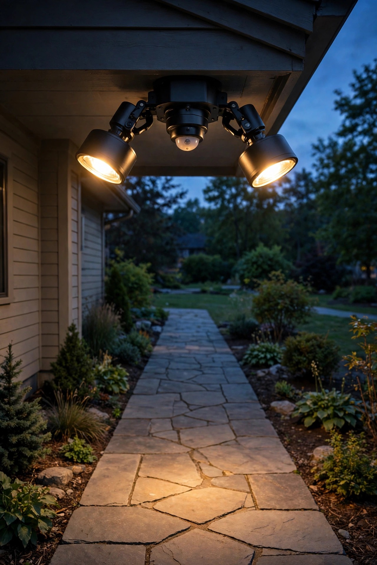 Adjustable motion sensor light with two tilted lamp heads and a downward-angled sensor above a front walkway at twilight