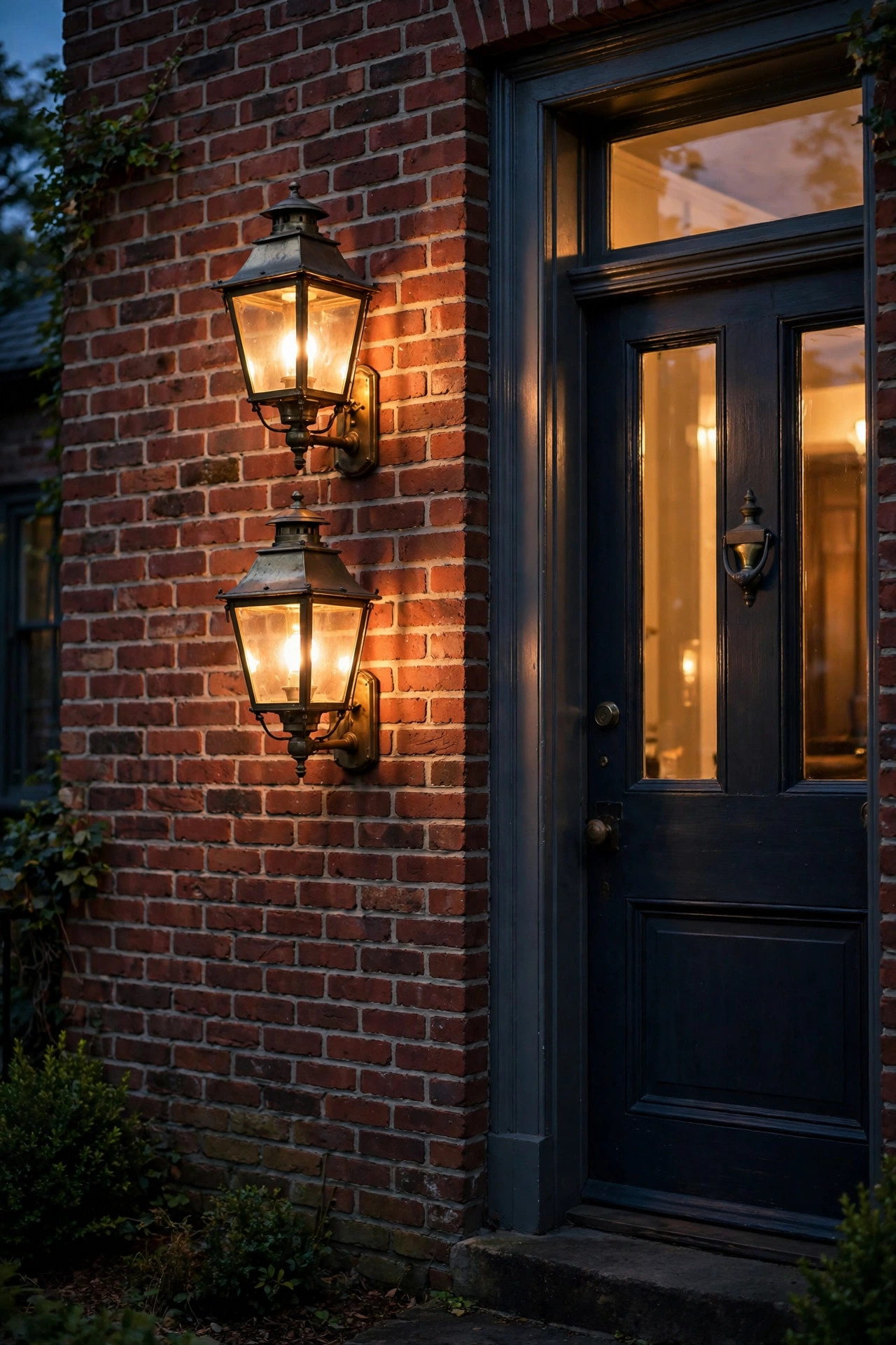 Antique brass coach light lanterns mounted on a red brick facade beside a front door glowing warmly