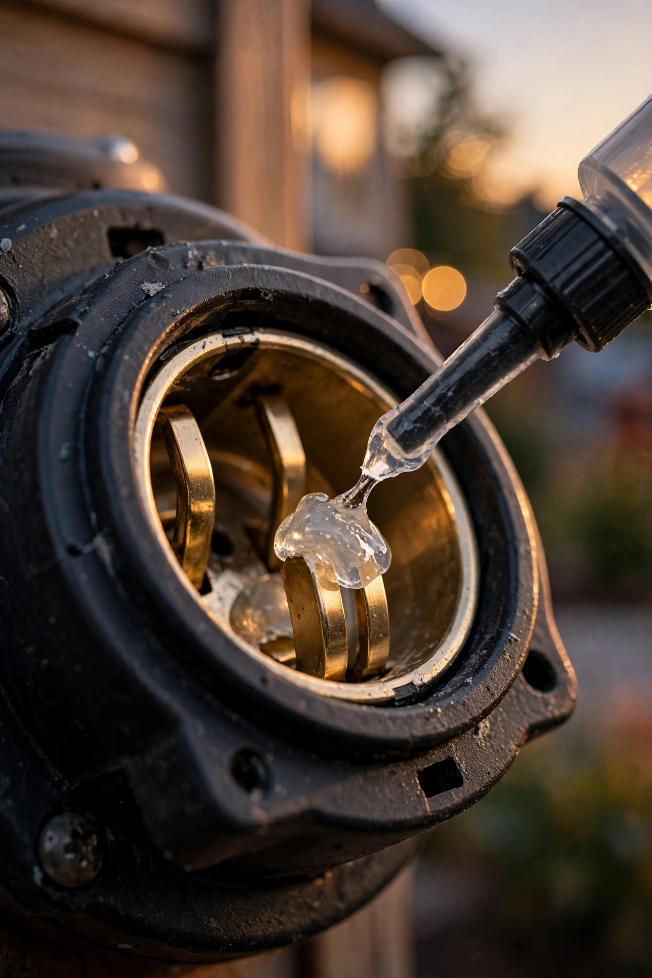Dab of dielectric grease being applied to the clean shining contacts of an outdoor light socket