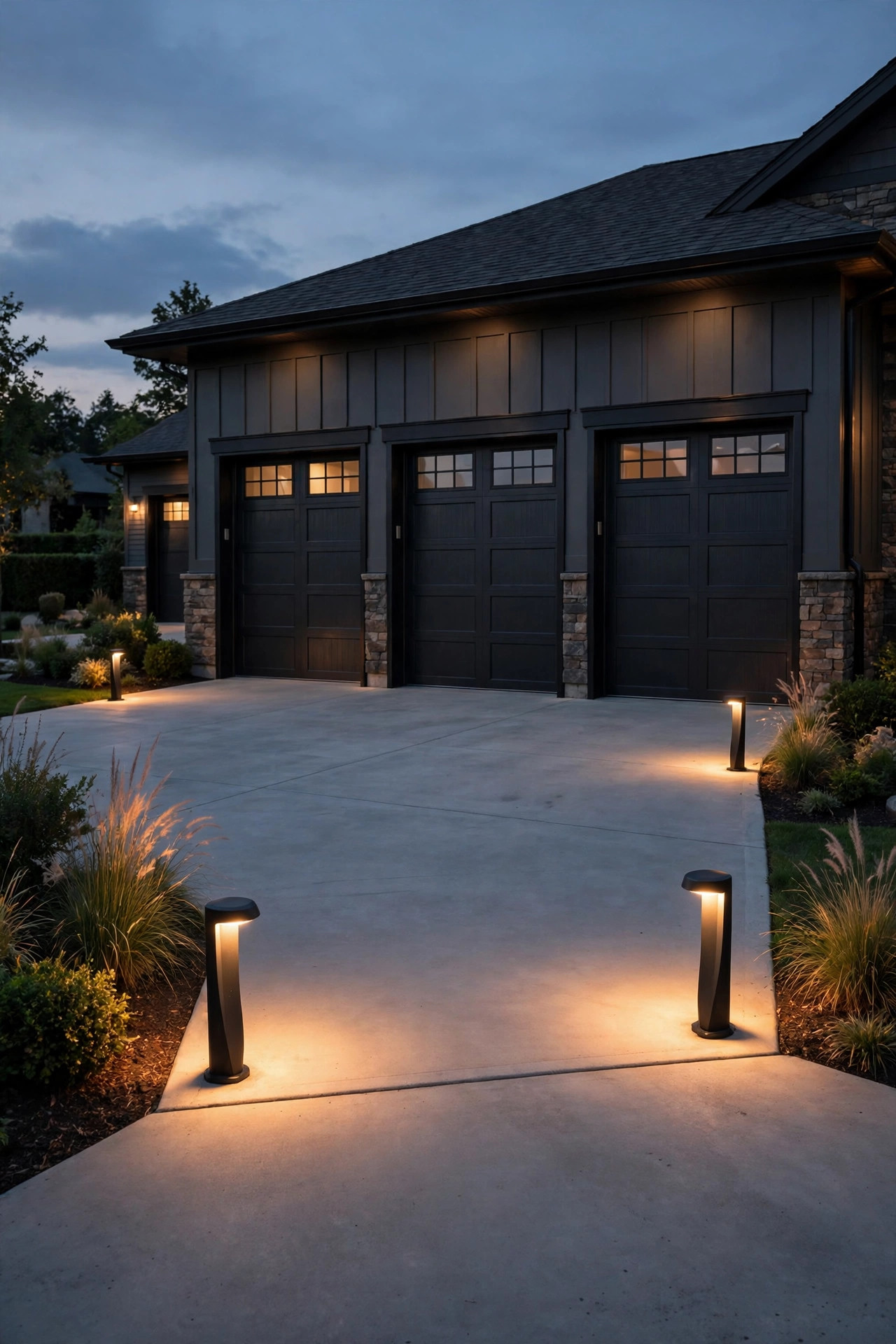 Low shielded bollard lights glowing at the corners of a wide three-car garage driveway apron