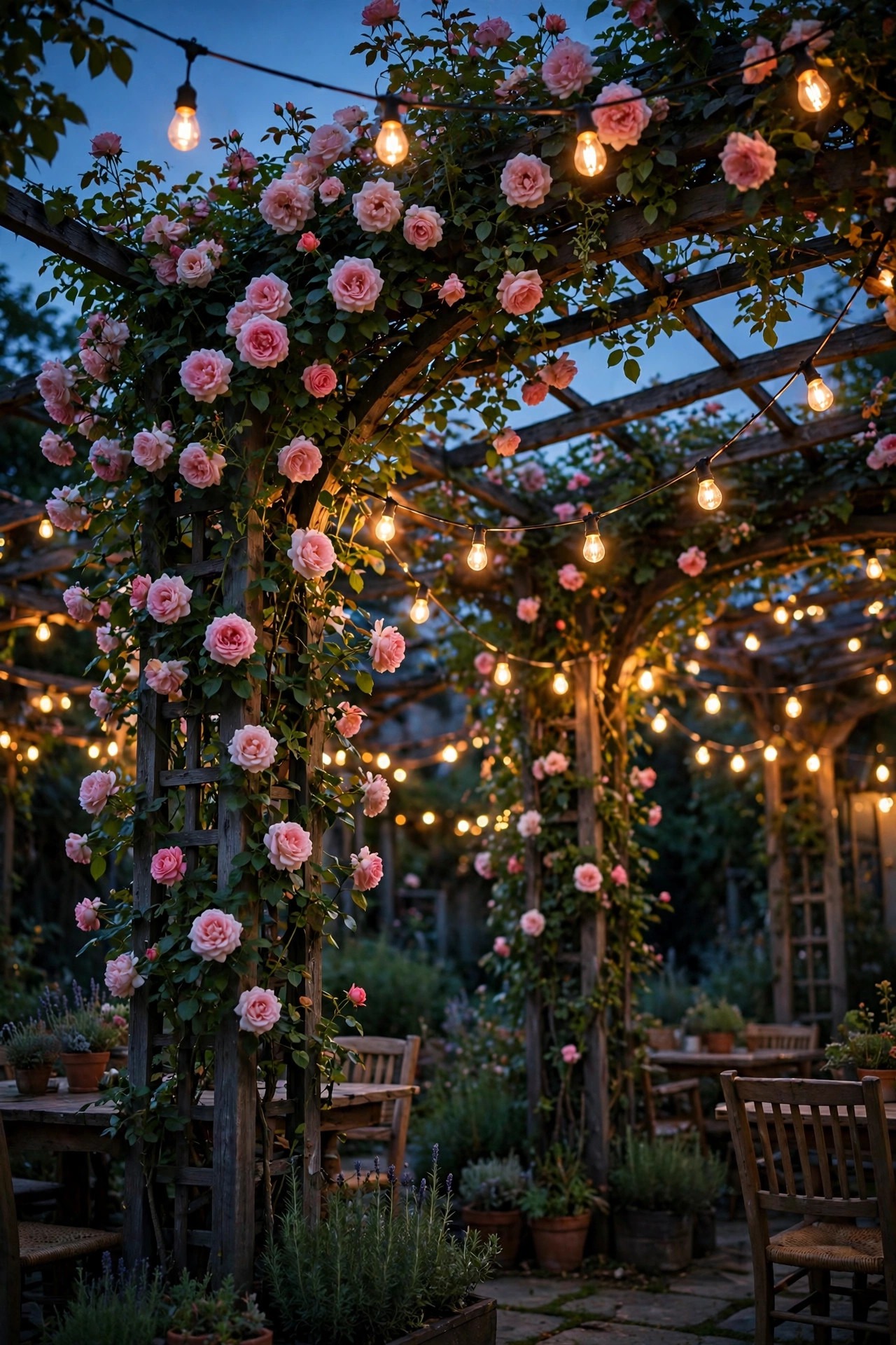 Café string lights swagged over a rose-covered garden arbor at dusk with warm filament-style bulbs