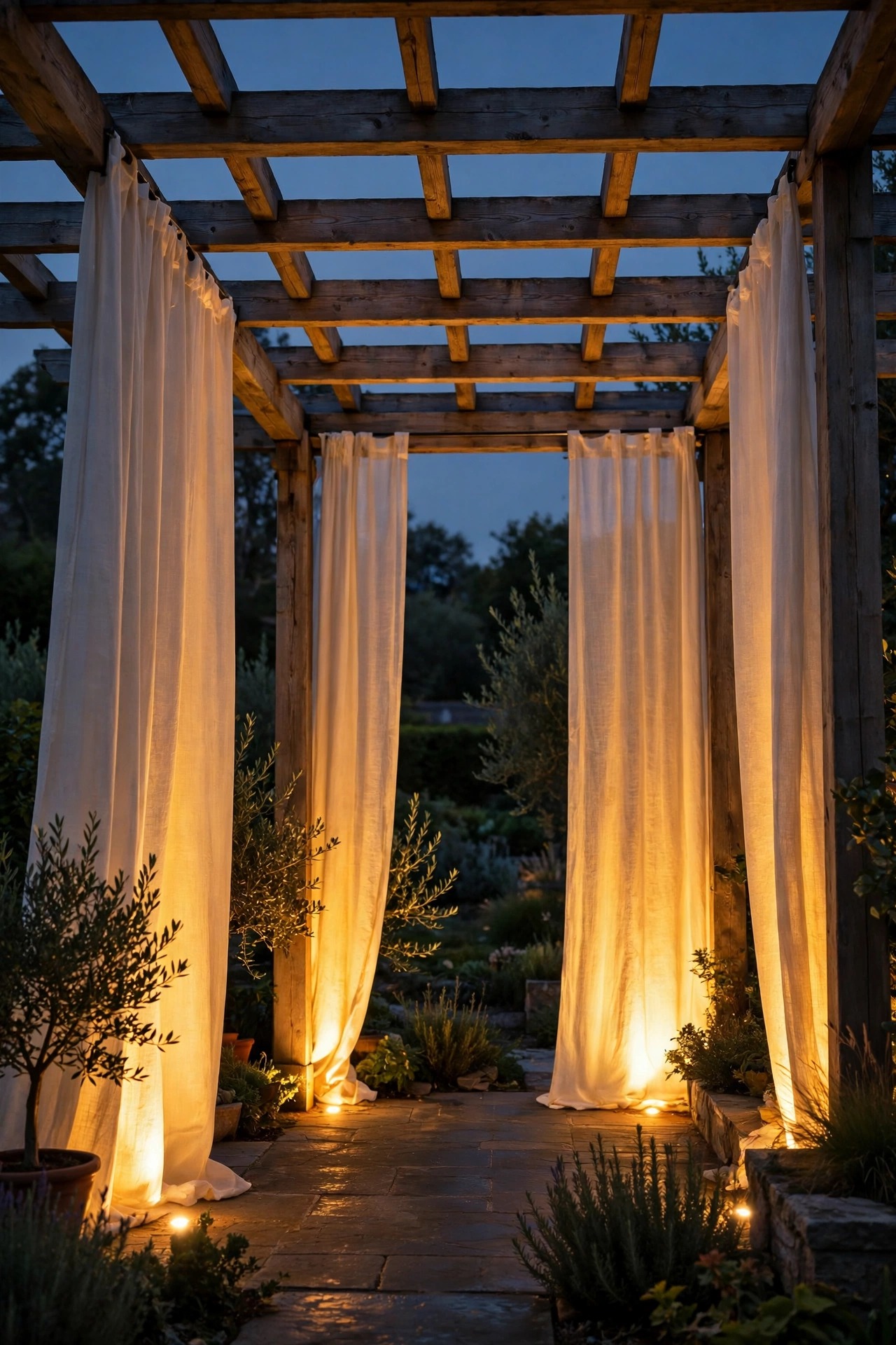 Pergola curtains backlit by ground uplights glowing like a theater scrim at night