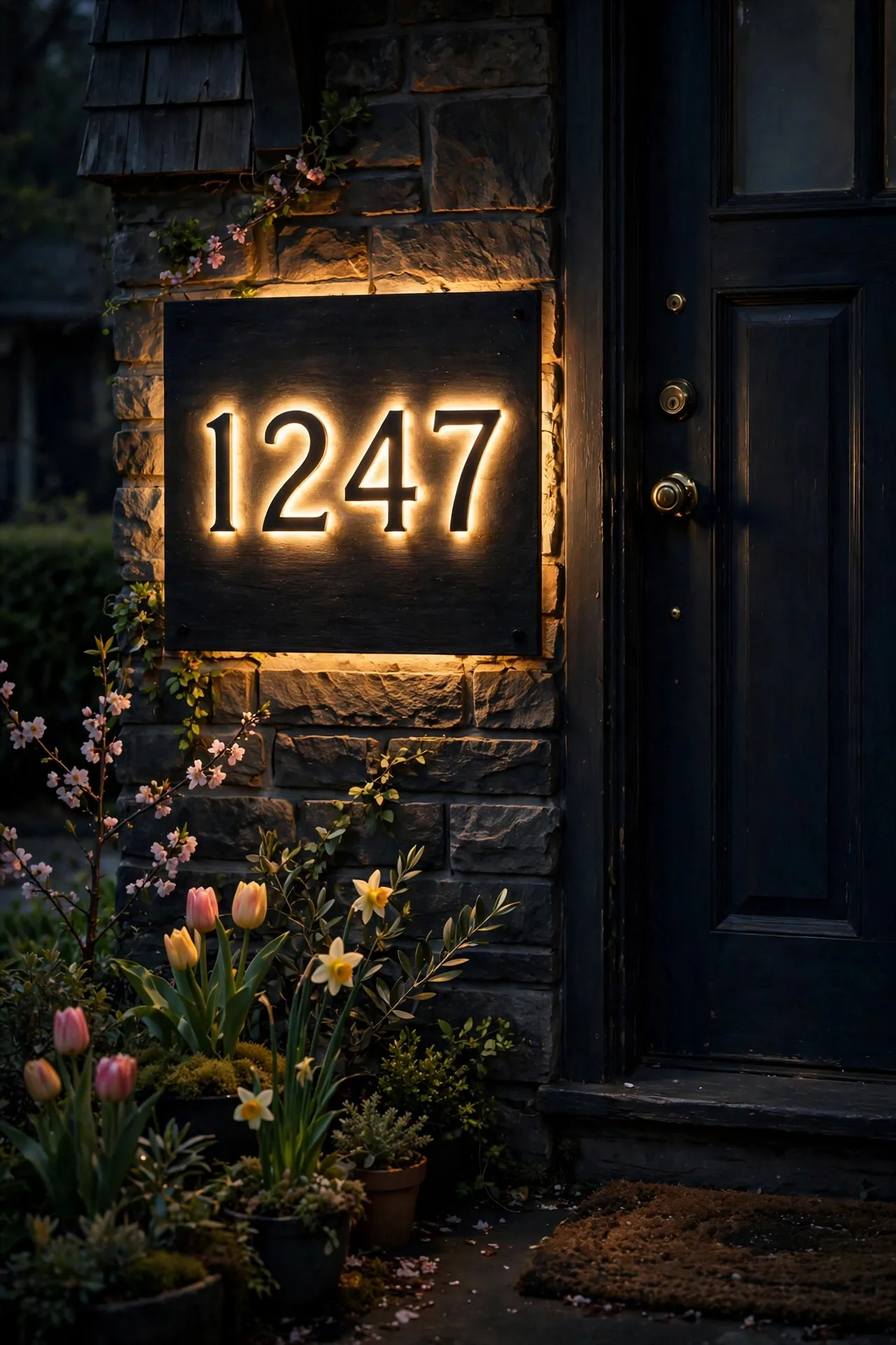 Glowing backlit house numbers on a plaque beside a front door at night, warm LED halo around dark numerals