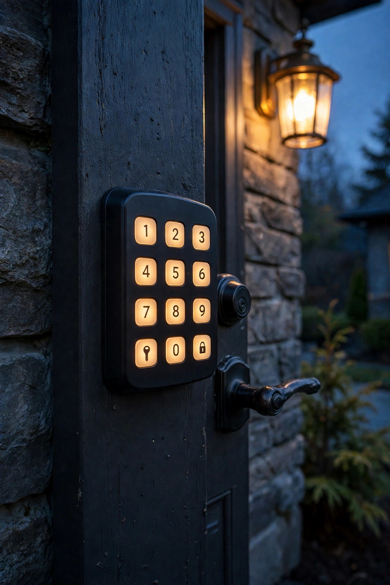 Front door keypad lock with softly backlit numbers glowing beside warm entry lighting at dusk