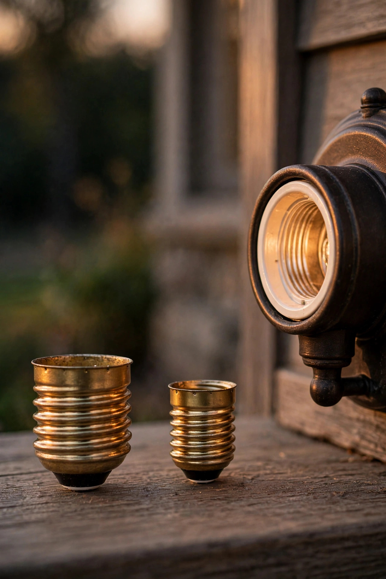 Medium E26 and candelabra E12 bulb bases compared beside a porch sconce socket