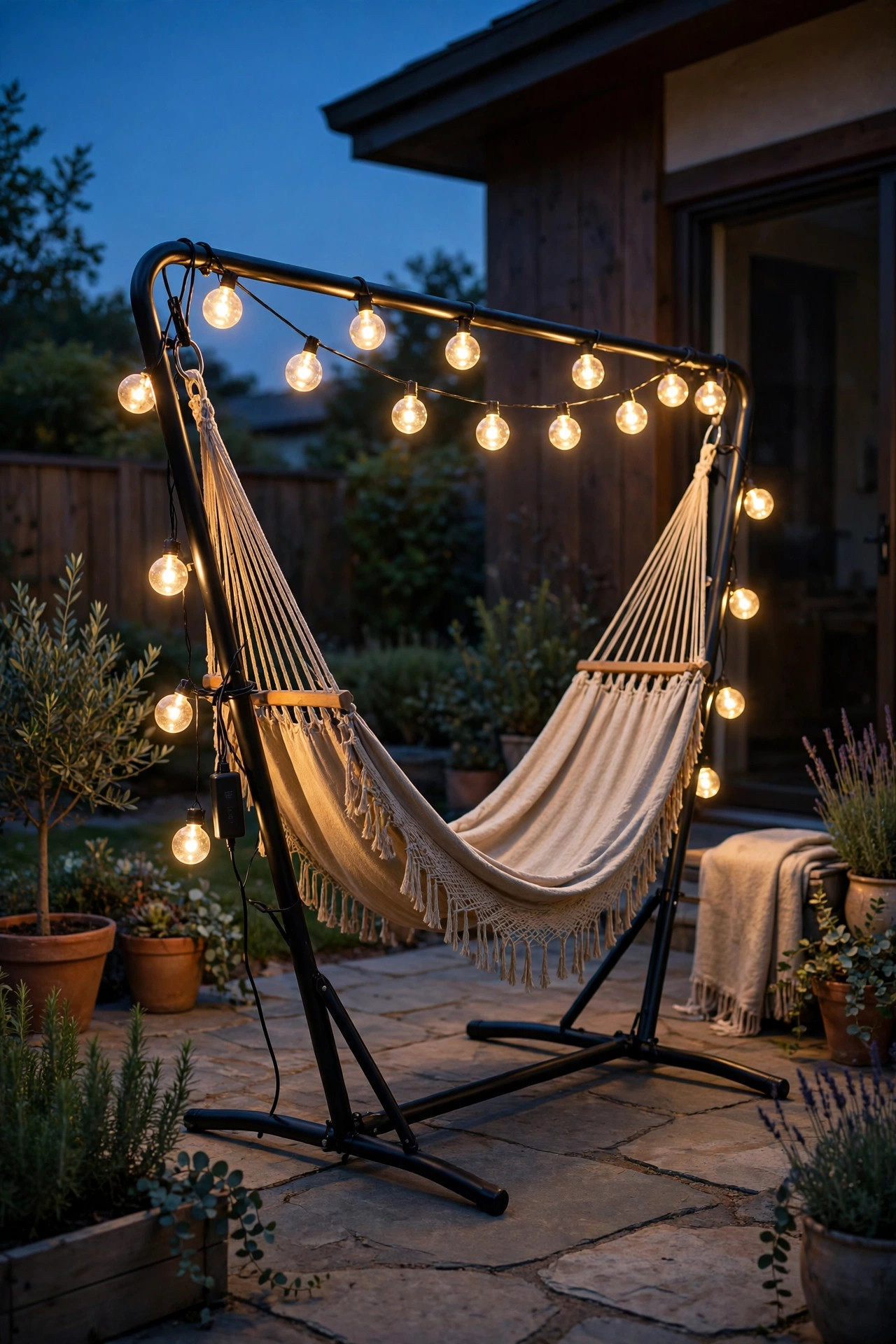 Battery-powered globe string lights draped over a freestanding hammock stand on a patio at dusk