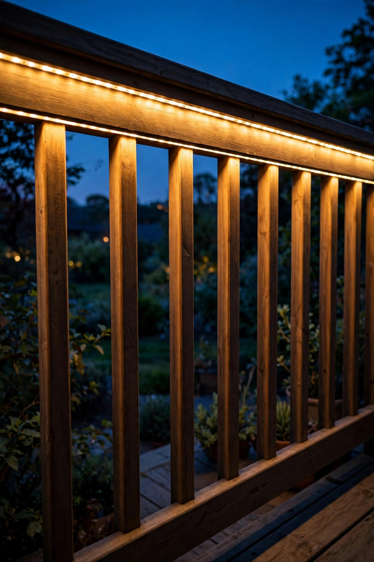 Warm LED strip light hidden under a deck railing washing soft light down the balusters at dusk