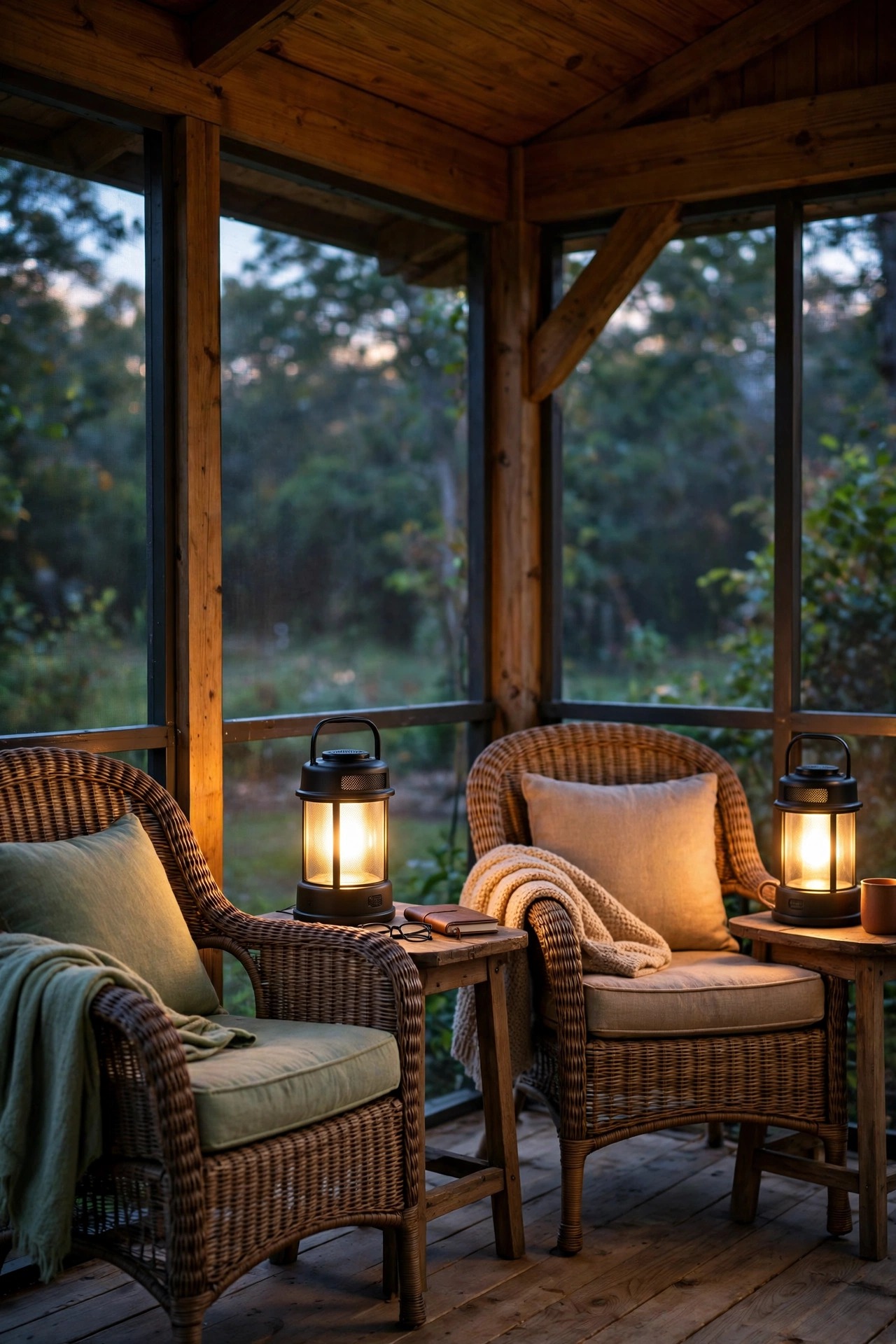 Rechargeable battery lanterns glowing warmly on screened porch side tables beside reading chairs