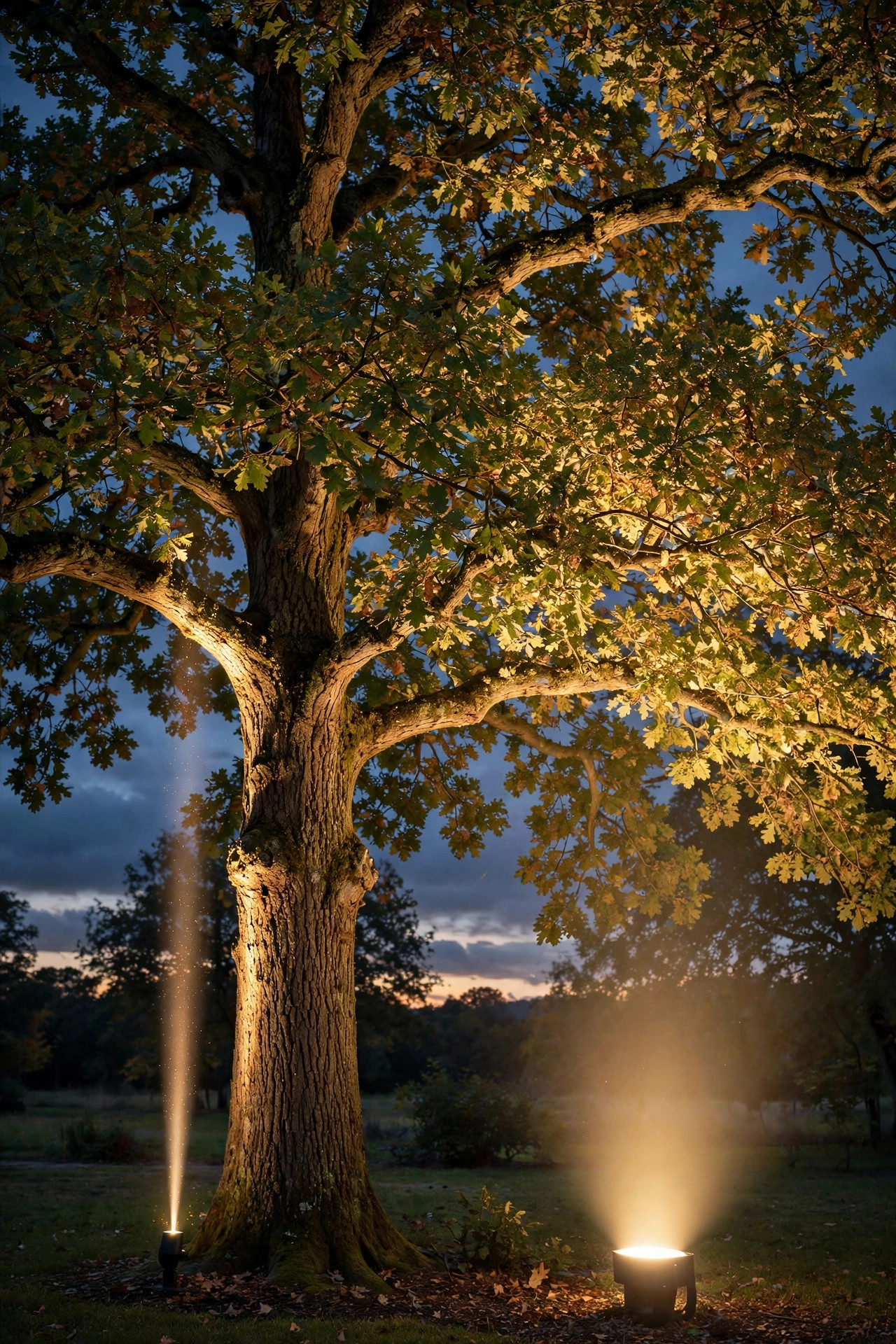 Oak tree at dusk lit by two uplights, one with a narrow spotlight beam making a hot column and one with a wide flood beam washing the whole canopy warmly
