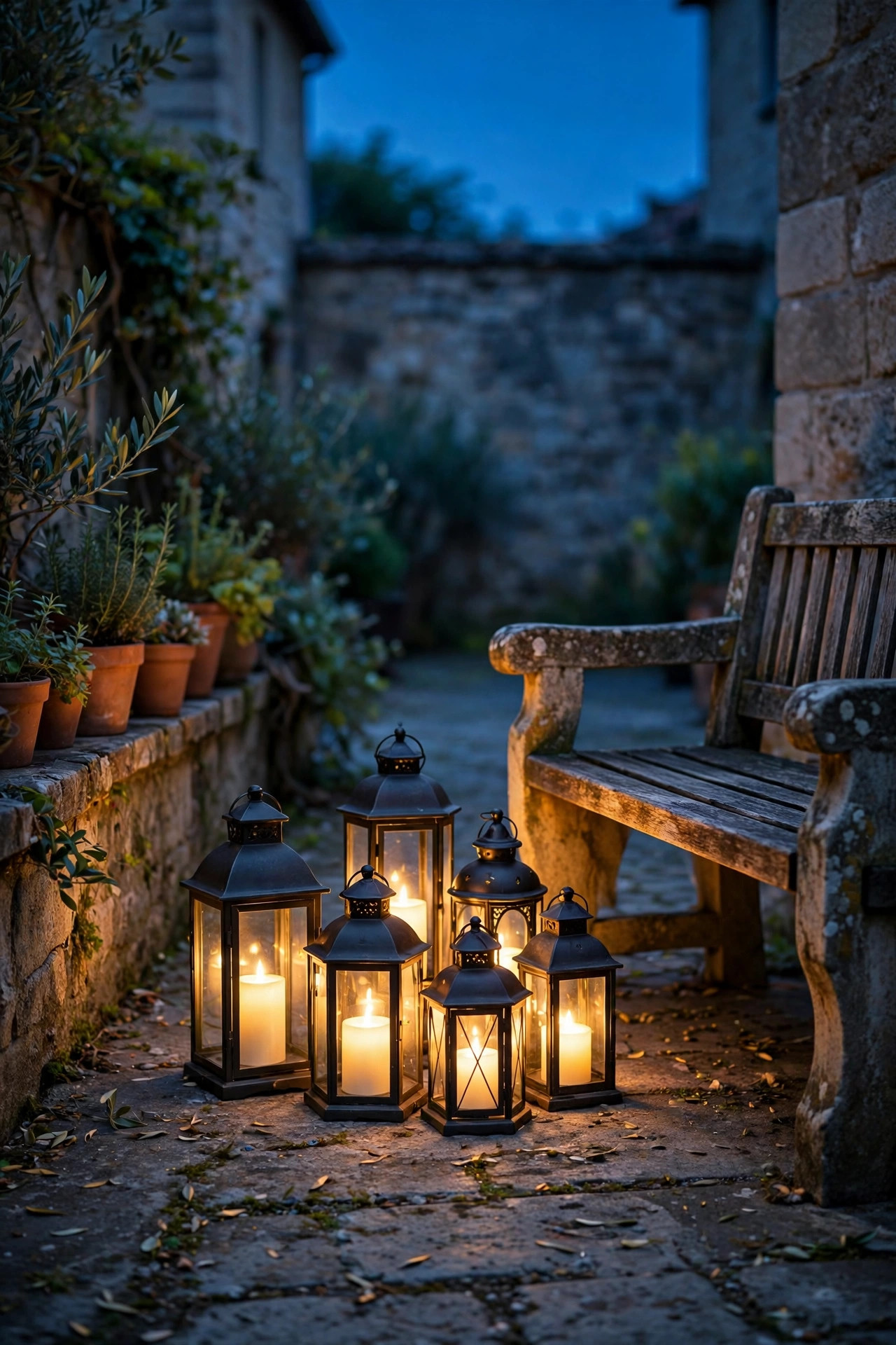 Flameless lanterns clustered beside a courtyard bench at dusk, warm flickering glow at sitting height