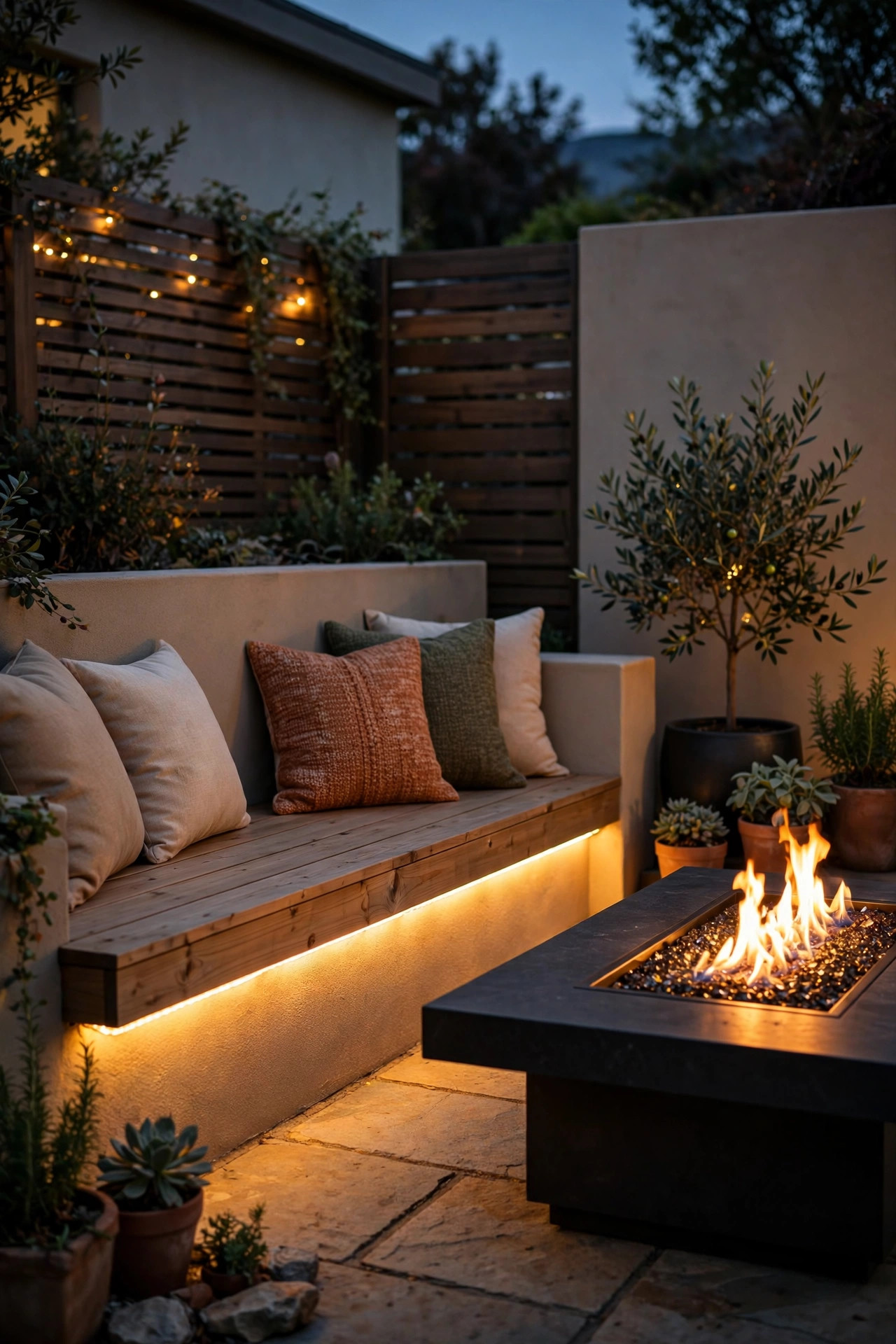 Built-in patio bench with warm rope light glowing beneath its edge beside a fire table